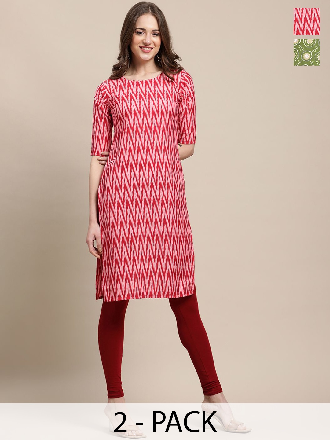 

7Threads Selection Of 2 Ethnic Motifs Printed Straight Kurtas, Pink