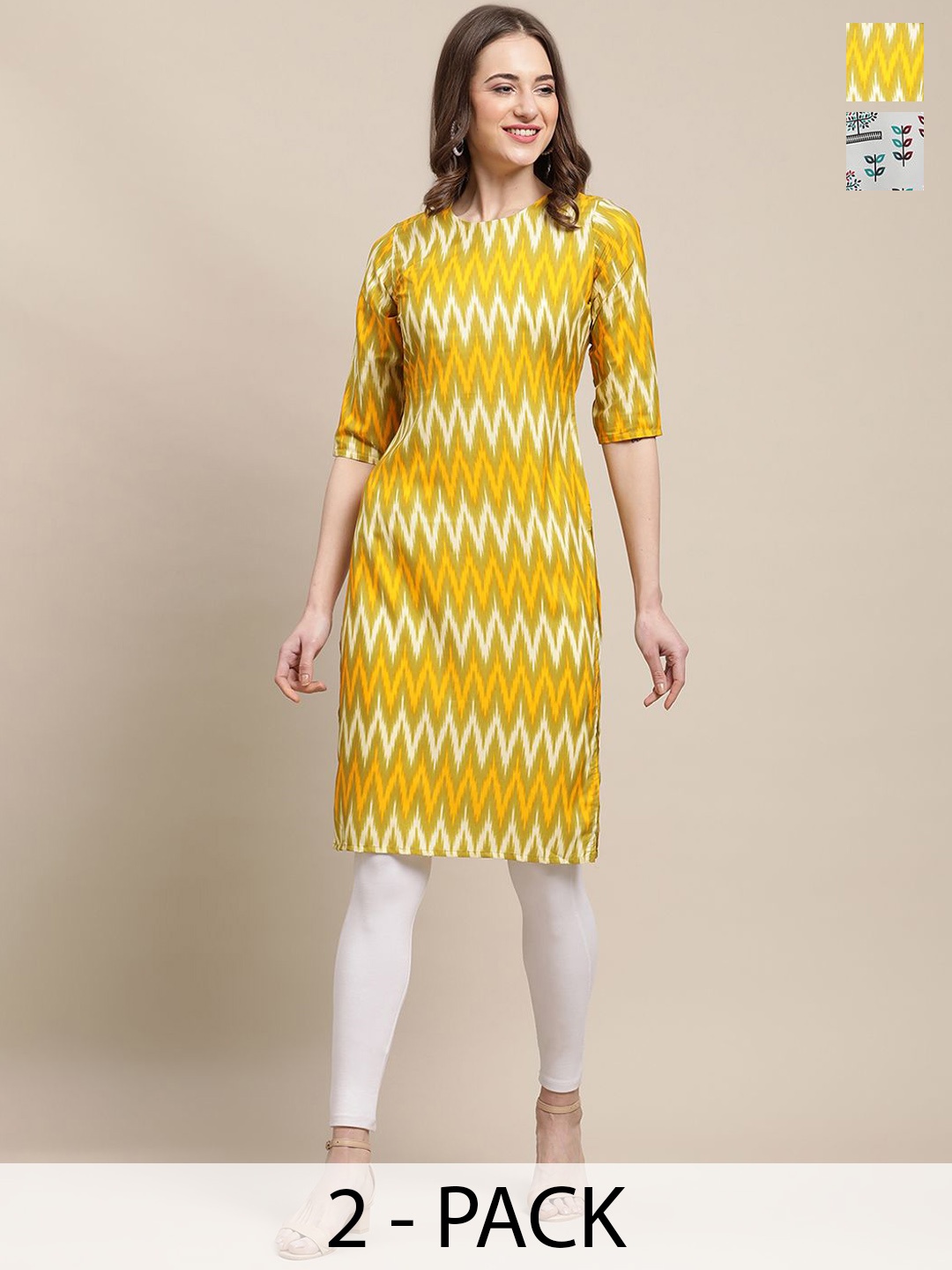 

7Threads Selection Of 2 Chevron Printed Round Neck Crepe Straight Kurta, Yellow