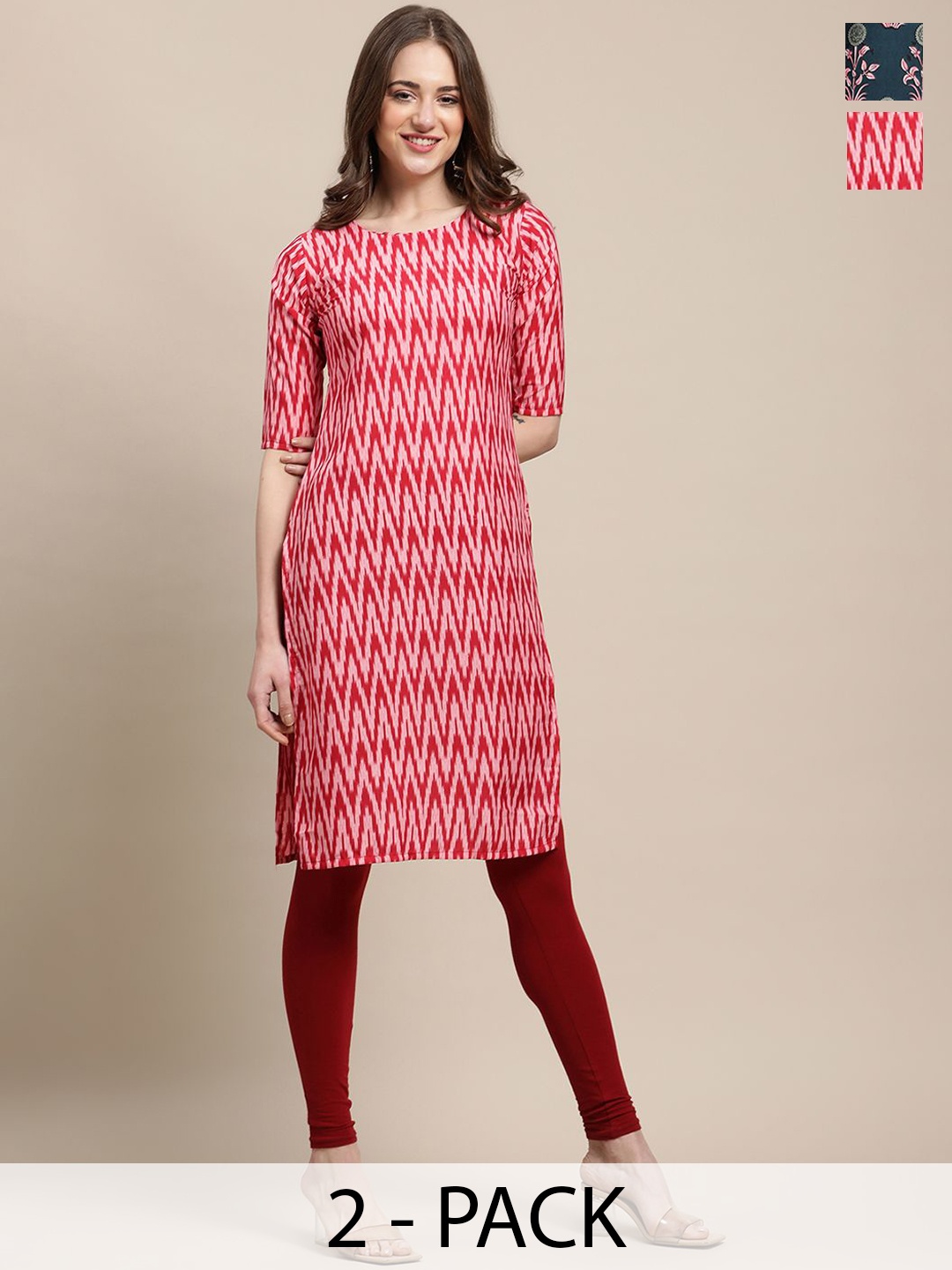 

7Threads Selection of 2 Geometric & Floral Printed Straight Kurtas, Red