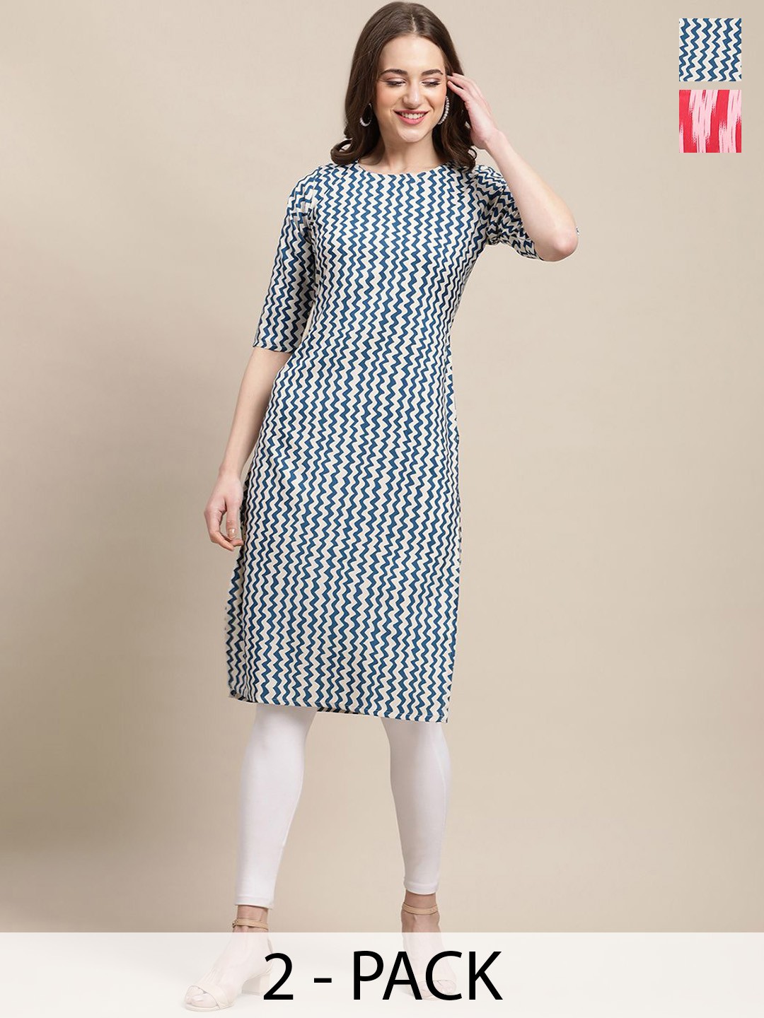 

7Threads Selection Of 2 Chevron Printed Round Neck Straight Kurtas, Multi