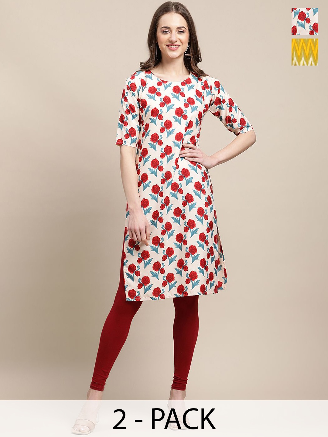 

7Threads Selection of 2 Floral Printed Round Neck Crepe Straight Kurtas, White