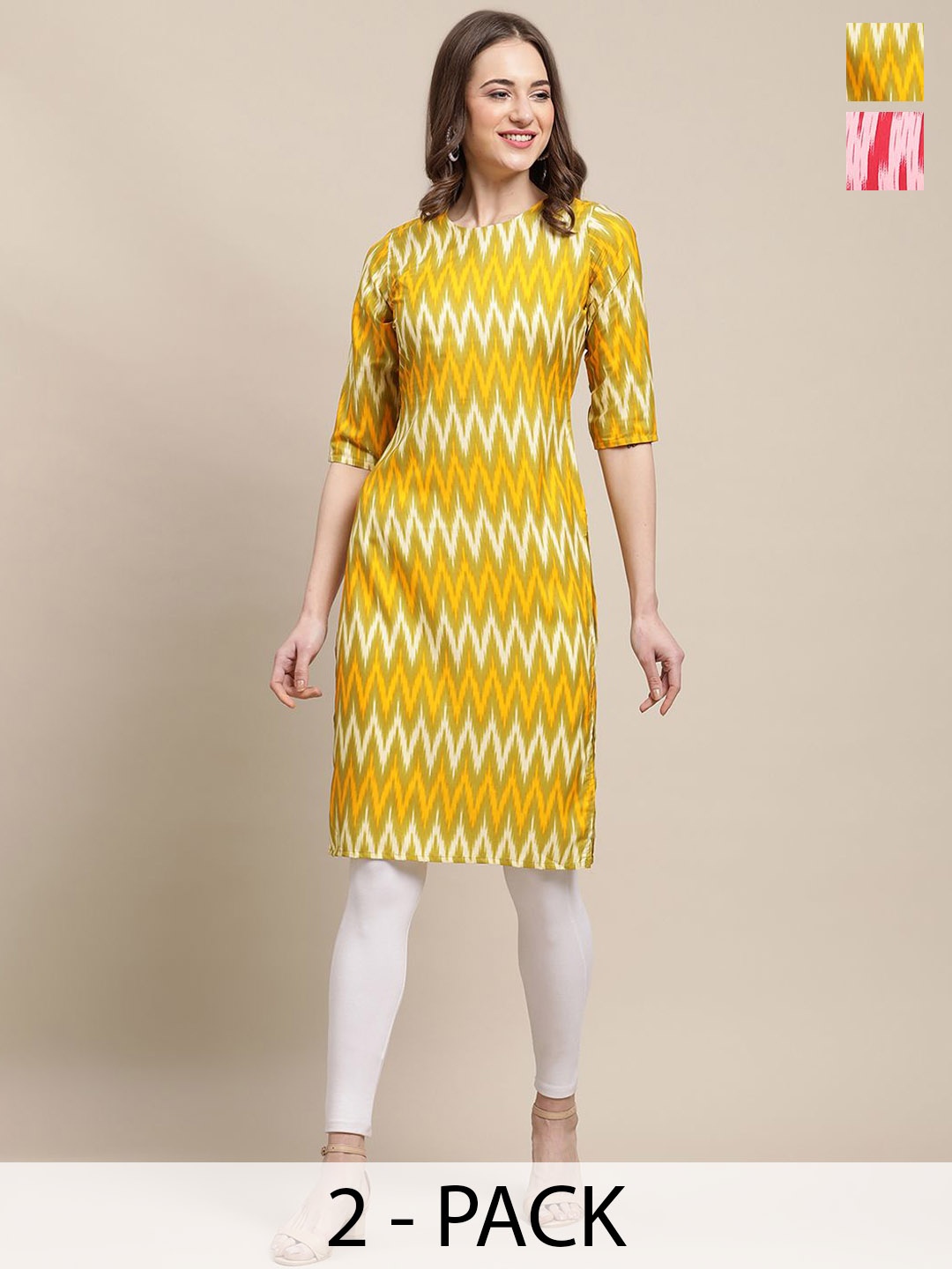 

7Threads Selection of 2 Chevron Printed Round Neck Straight Kurtas, Yellow