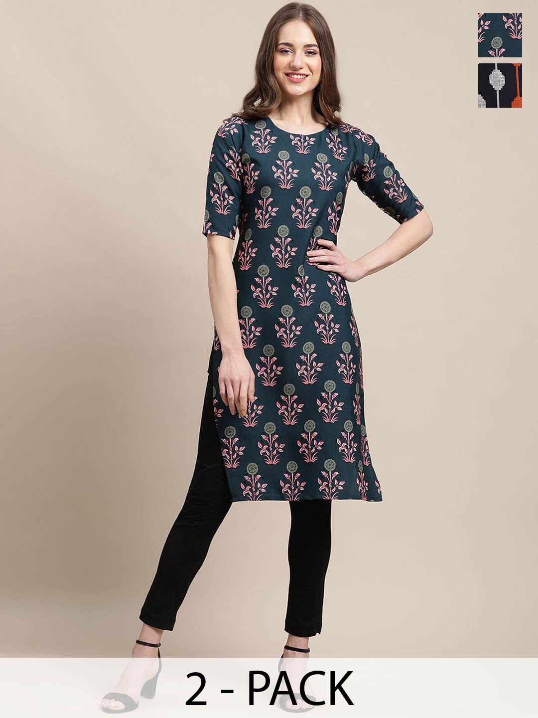 

7Threads Selection Of 2 Ethnic Motifs Printed Round Neck Crepe Straight Kurta, Green