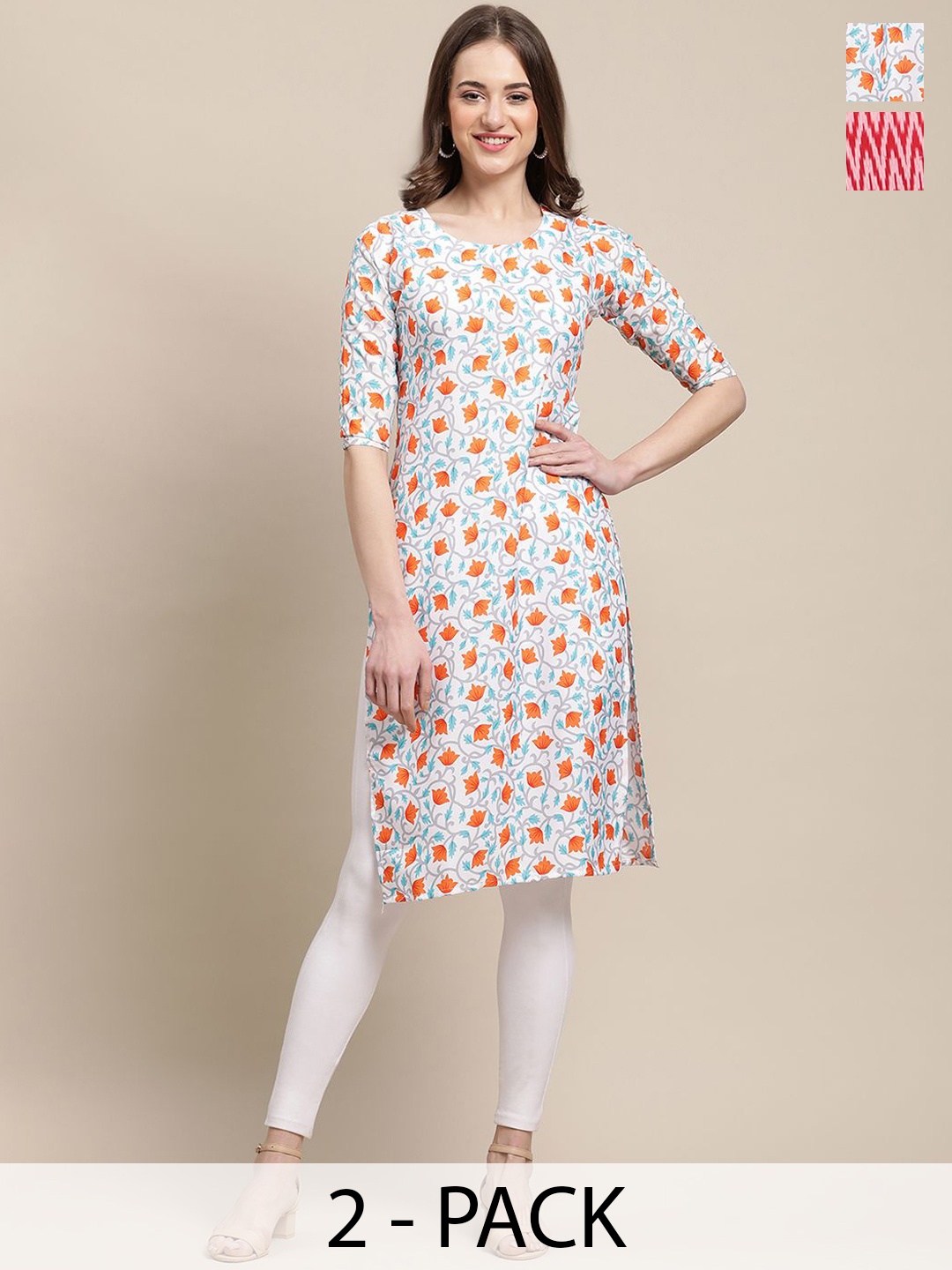 

7Threads Selection Of 2 Ethnic Motifs Printed Straight Kurtas, White