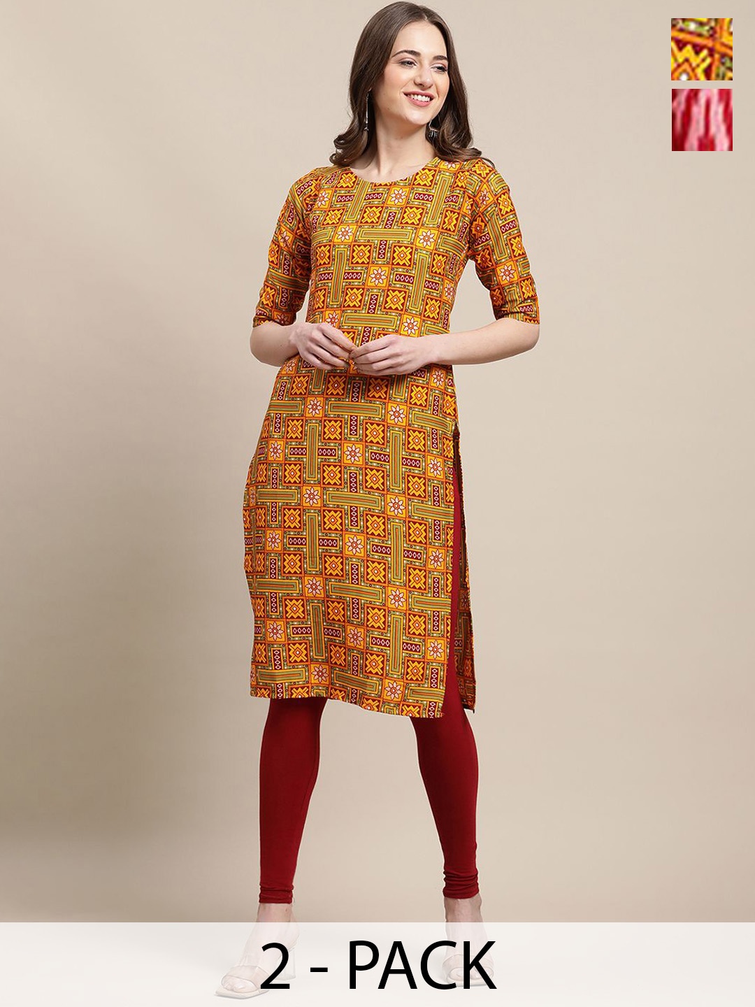 

7Threads Selection of 2 Ethnic Motifs & Geometric Printed Round Neck Straight Kurtas, Yellow