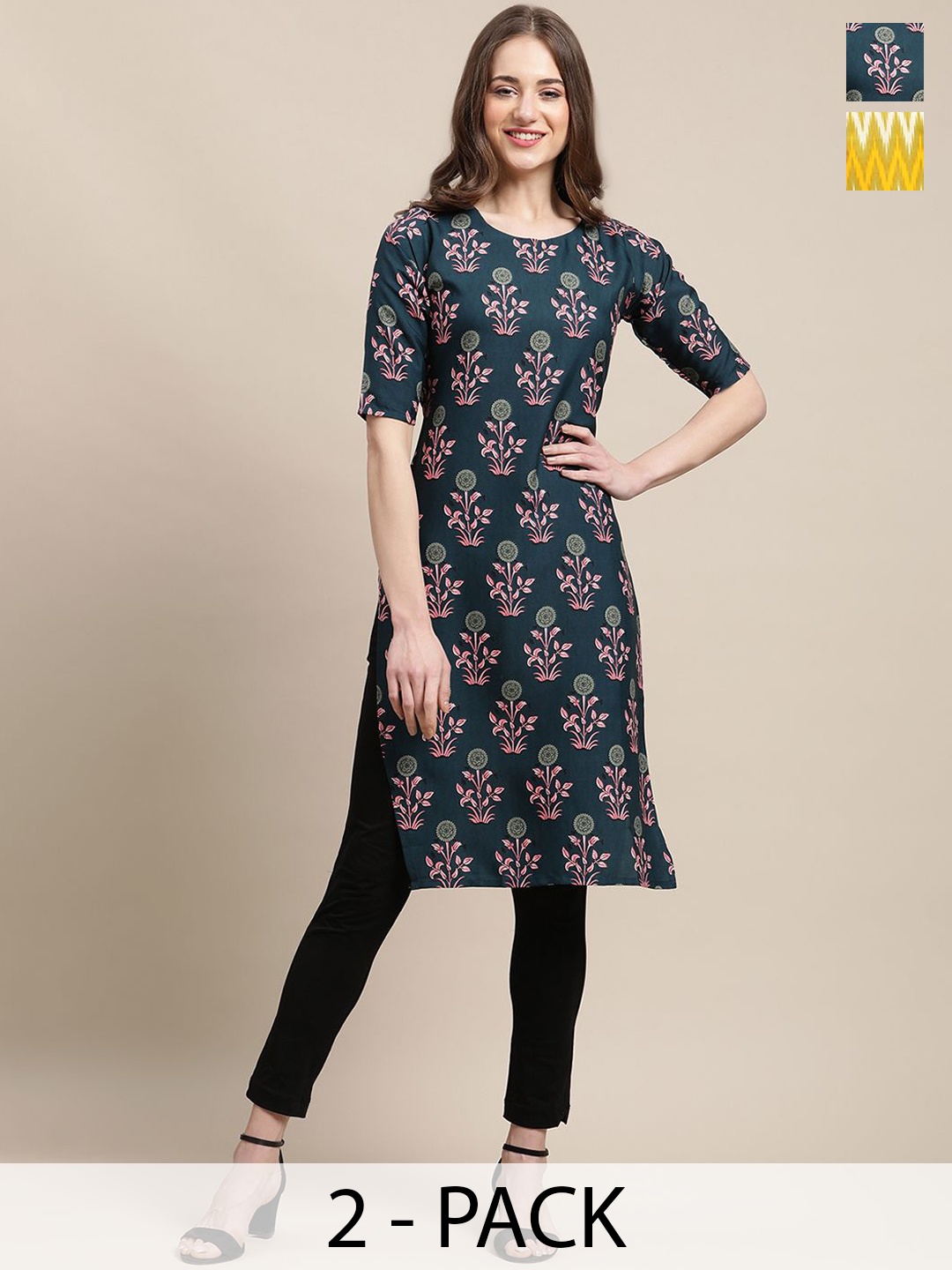

7Threads Selection Of 2 Floral Printed Round Neck Straight Kurtas, Teal