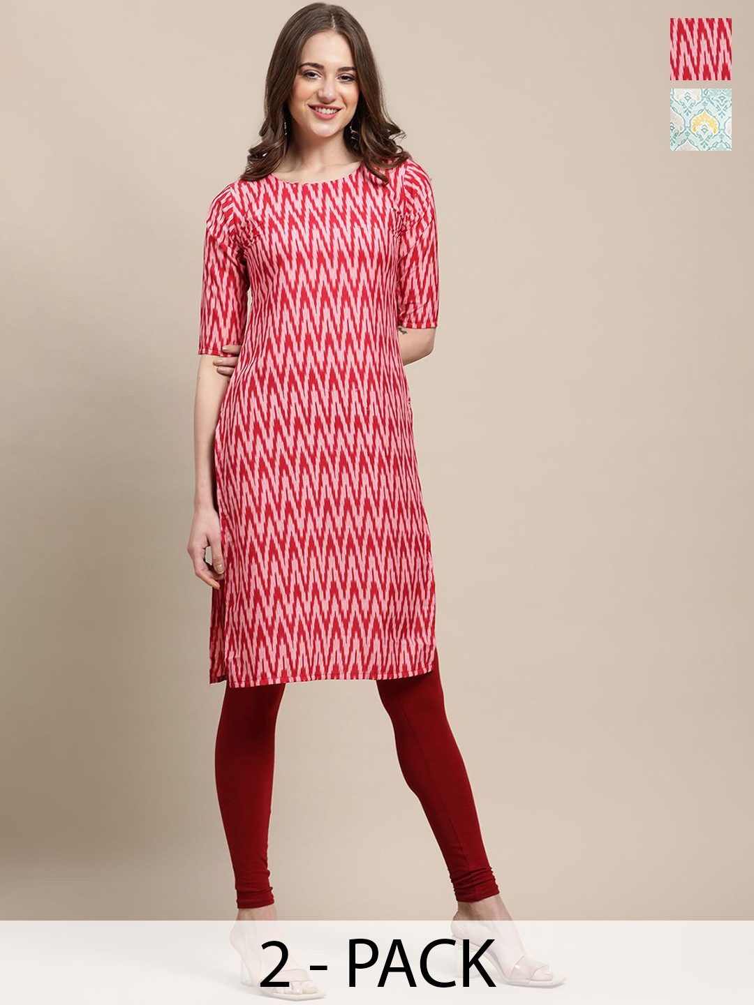 

7Threads Selection Of 2 Ethnic Motifs Printed Round Neck Straight Crepe Kurtas, Red