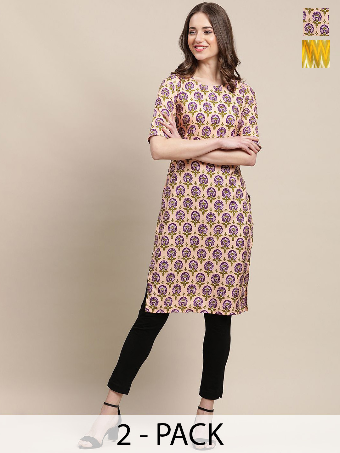 

7Threads Selection Of 2 Ethnic Printed Round Neck Kurtas, Purple