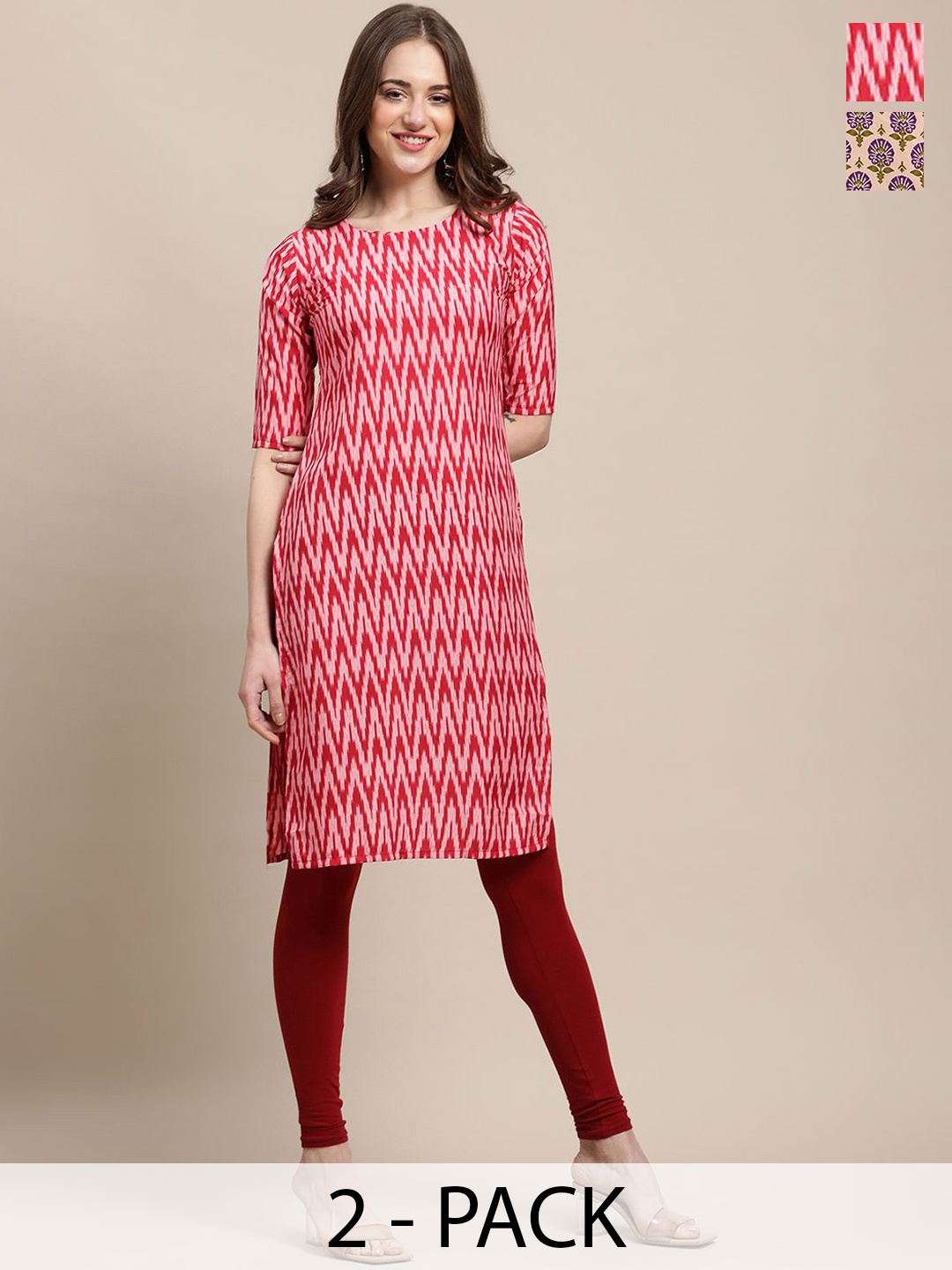

7Threads Selection Of 2 Ethnic Motifs Printed Crepe Straight Kurta, Beige