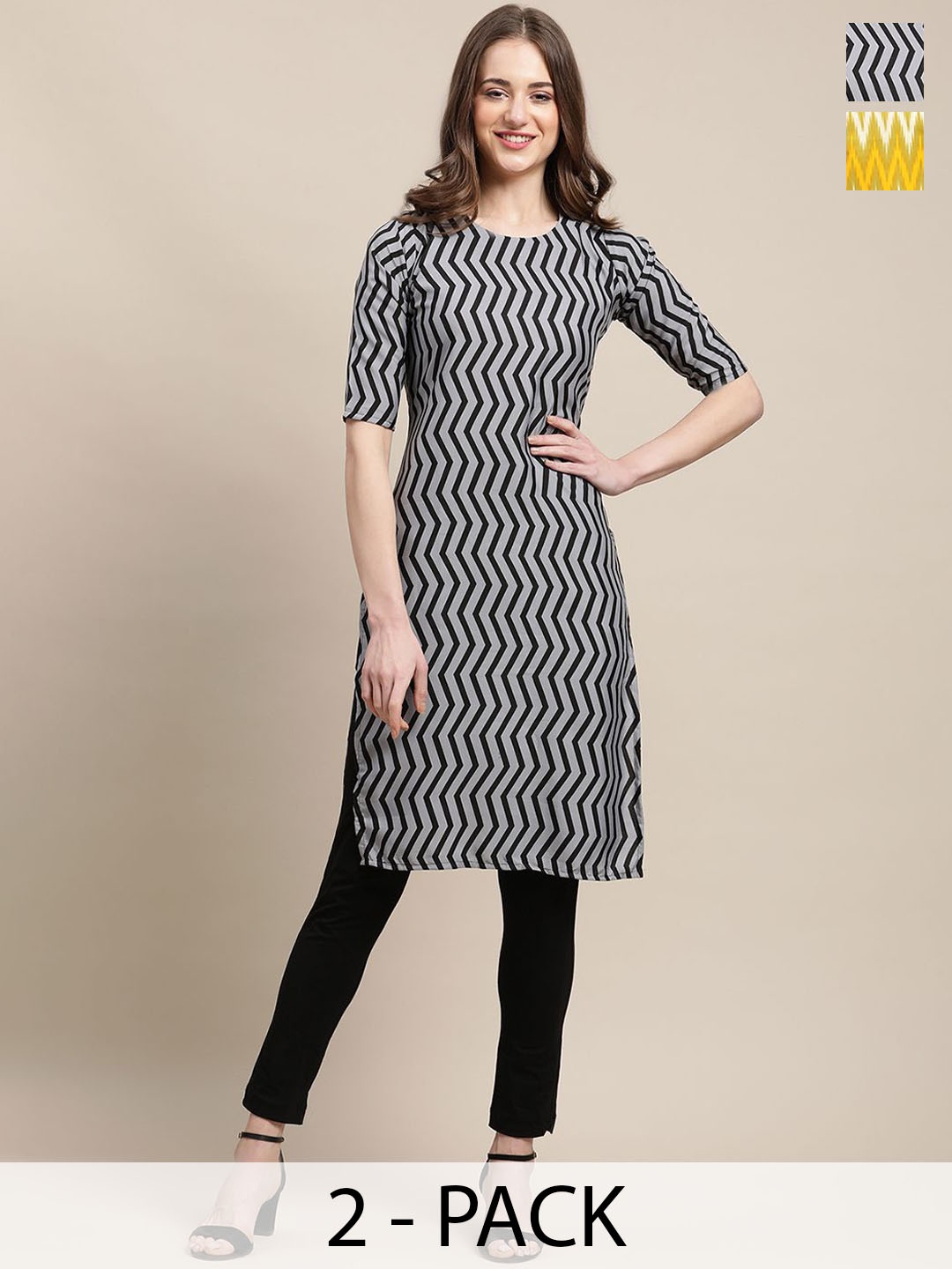 

7Threads Selection Of 2 Chevron Printed Round Neck Straight Kurtas, Black