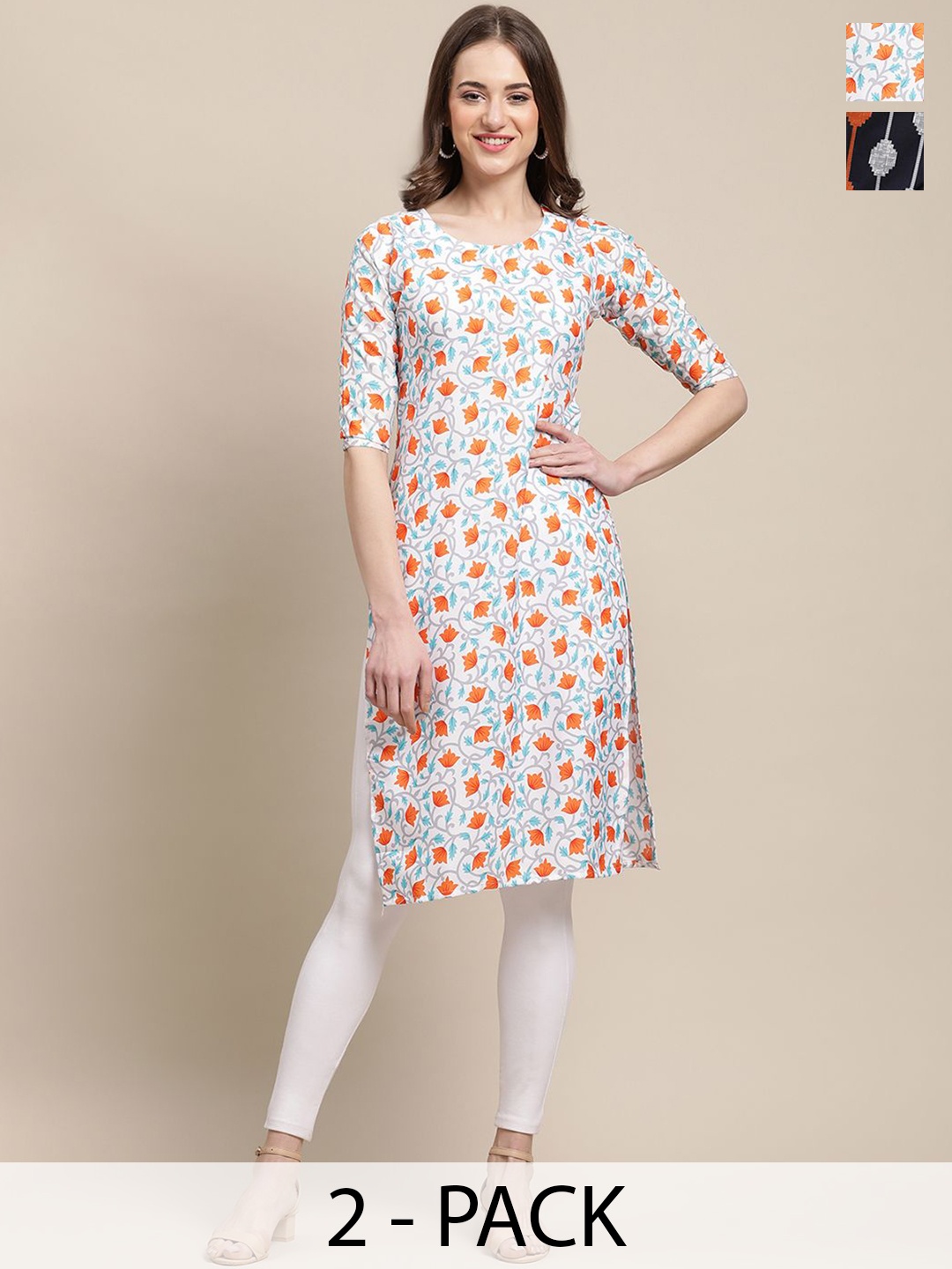 

7Threads Selection Of 2 Floral Printed Round Neck Straight Kurtas, Blue