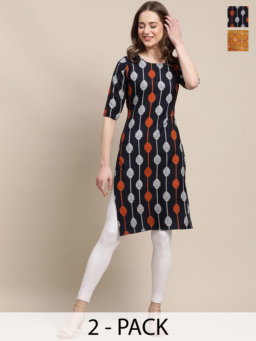 

7Threads Selection Of 2 Geometric Printed Round Neck Kurtas, Red