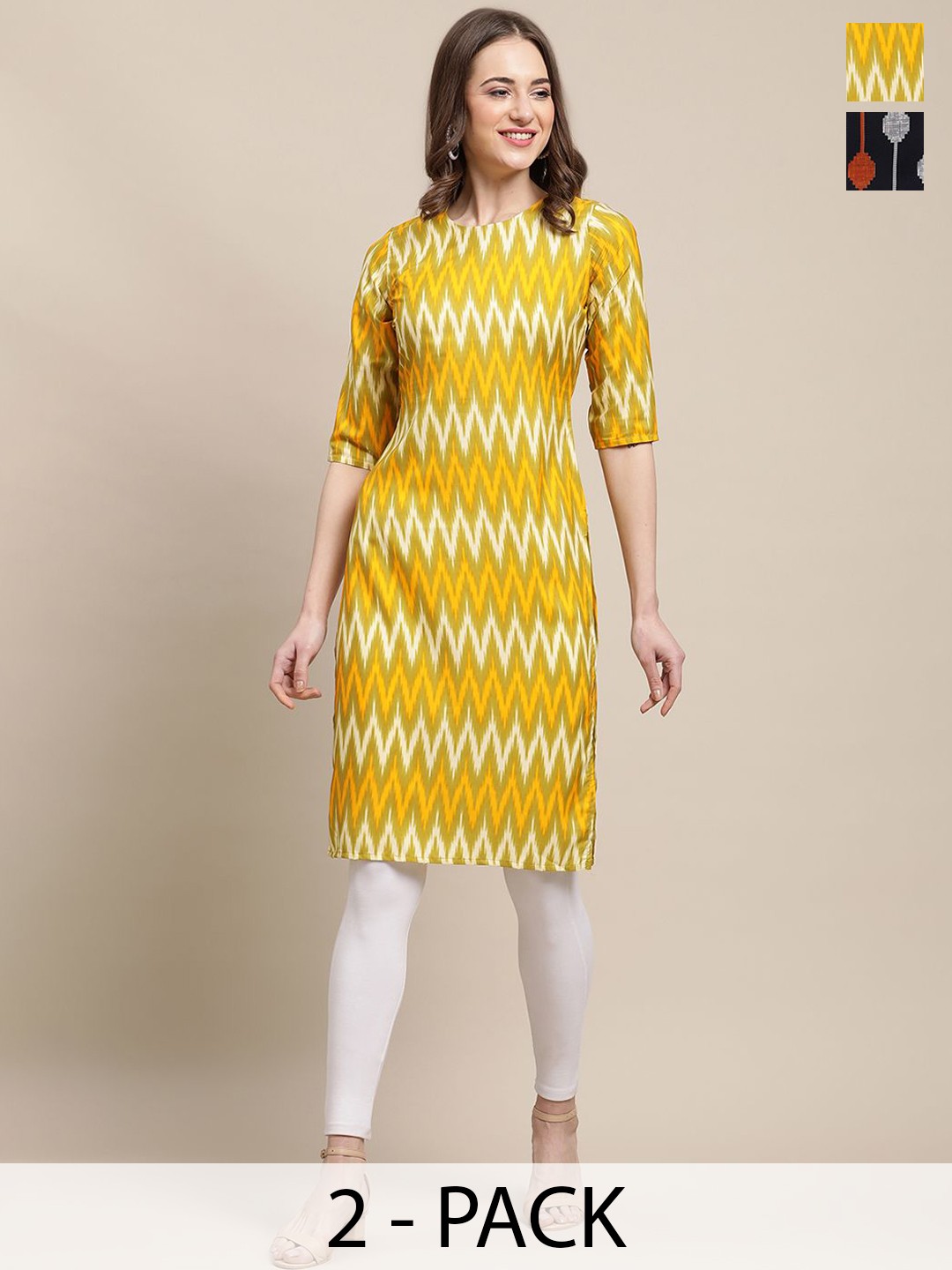 

7Threads Selection Of 2 Geometric Printed Round Neck Straight Crepe Kurtas, Yellow