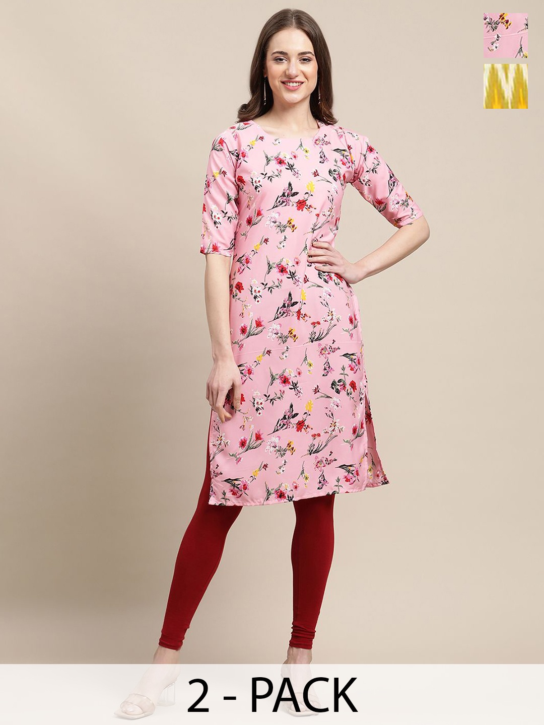 

7Threads Selection Of 2 Floral Printed Round Neck Straight Kurtas, Pink