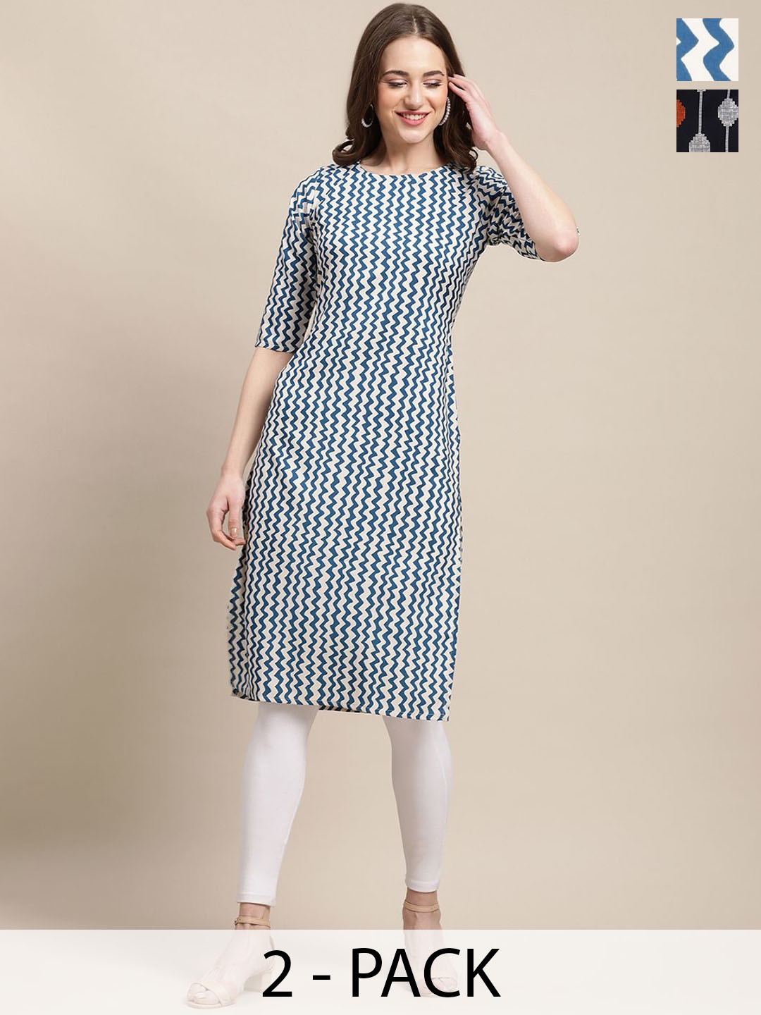 

7Threads Selection Of 2 Chevron Printed Round Neck Straight Kurtas, Multi