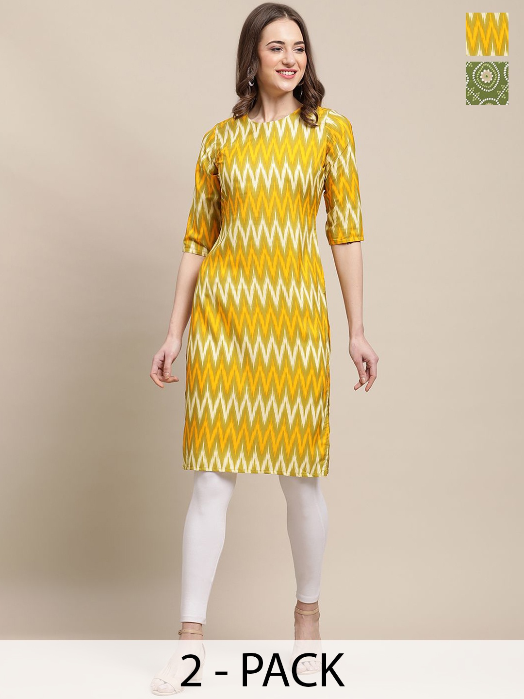 

7Threads Selection Of 2 Chevron Printed Round Neck Straight Kurtas, Multi