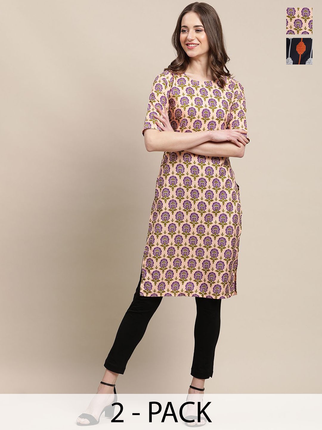 

7Threads Selection of 2 Floral & Geometric Printed Straight Kurtas, Cream