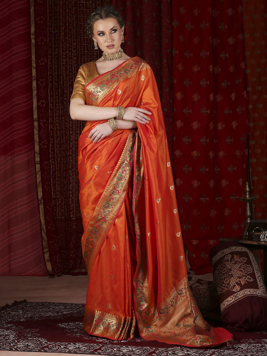 

JUST FASHION Woven Design Paithani Saree, Orange