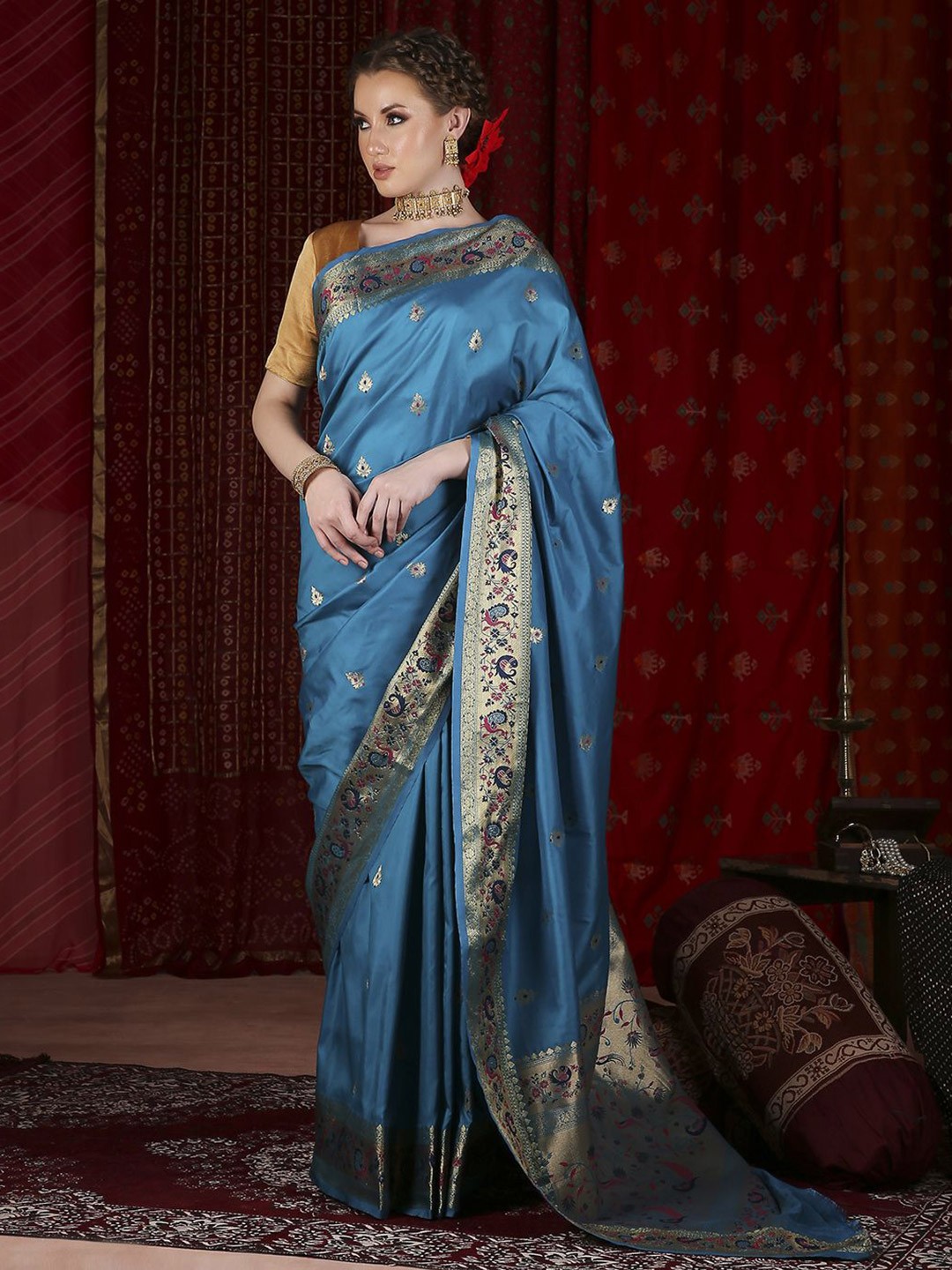 

JUST FASHION Ethnic Motifs Woven Design Zari Paithani Saree, Blue