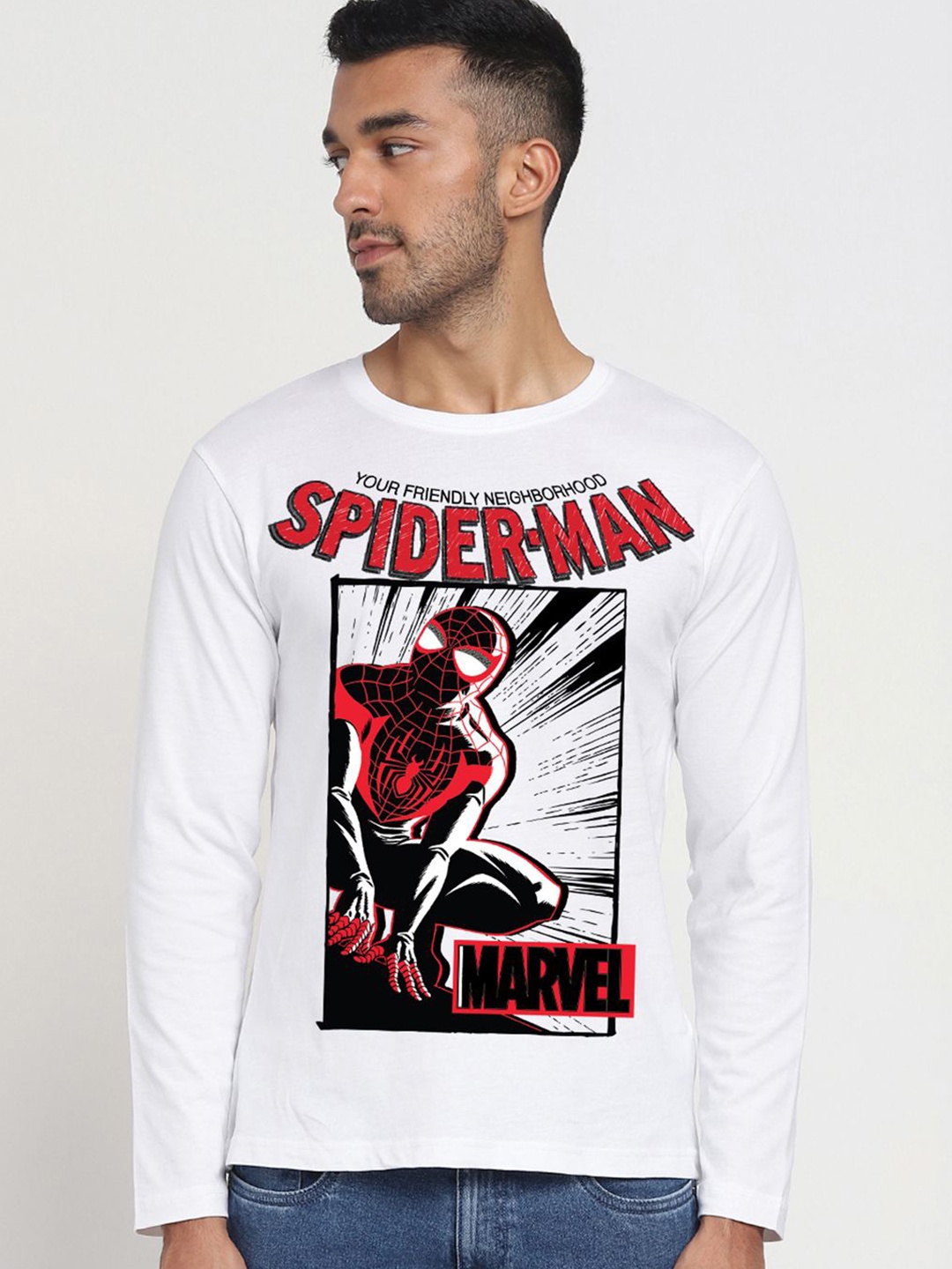 

Bewakoof Men Graphic Spider-Man Printed Round Neck Pure Cotton T-shirt, White