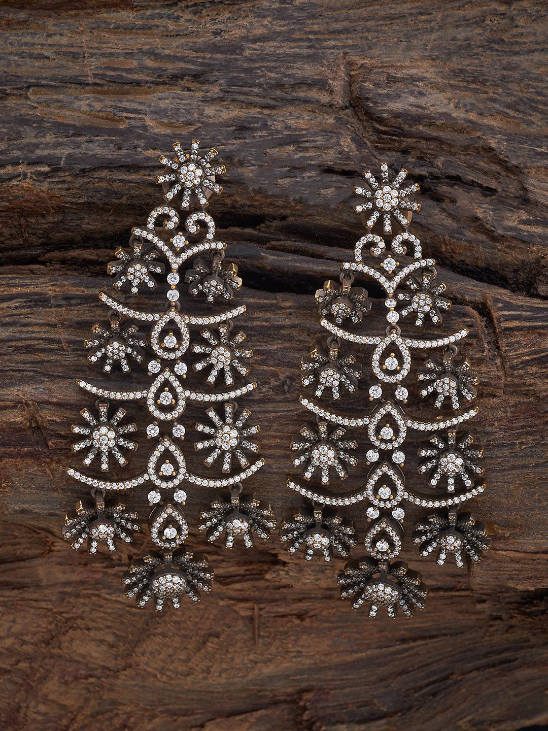 

Kushal's Fashion Jewellery Victorian-Plated Zircon Studded Contemporary Drop Earrings, Silver