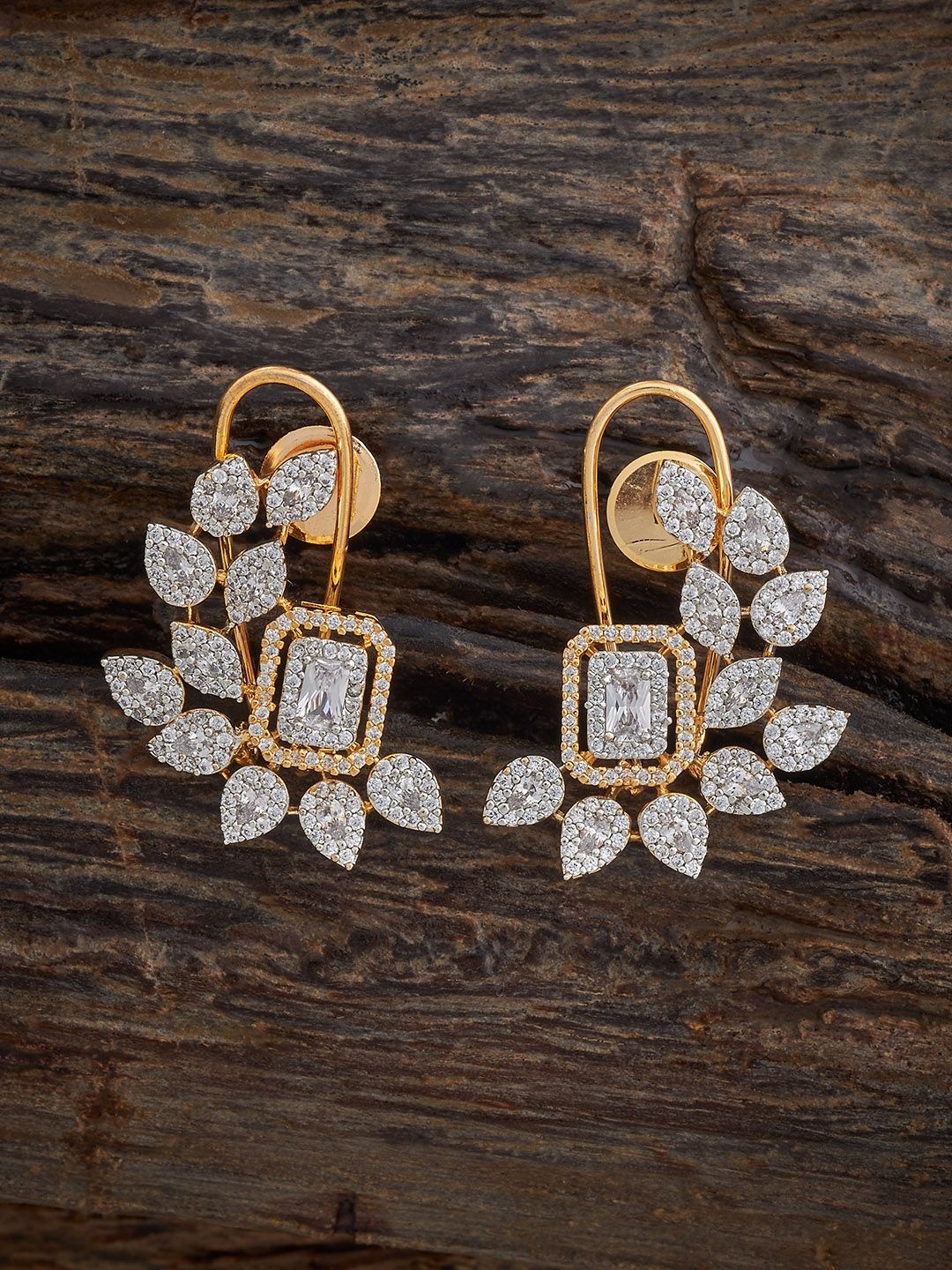 

Kushal's Fashion Jewellery Rhodium-Plated Leaf Shaped Zircon Studs, Gold