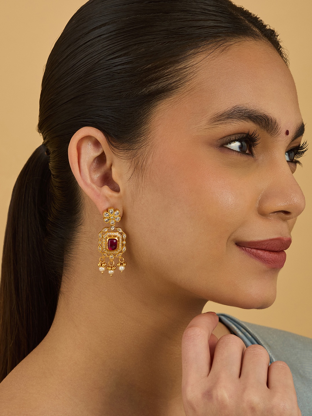 

Kushal's Fashion Jewellery 92.5 Sterling Silver Gold-Plated Stone Studded Drop Earrings