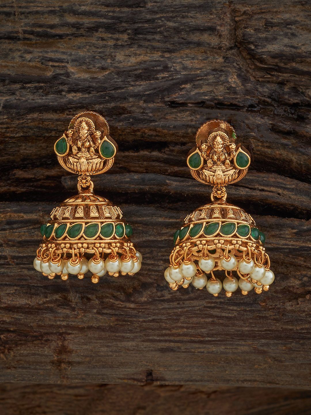 

Kushal's Fashion Jewellery Gold-Plated Stone Studded Dome Shaped Antique Jhumkas