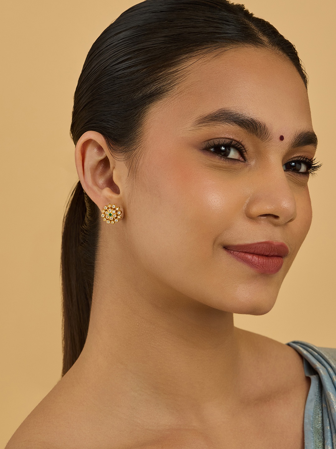 

Kushal's Fashion Jewellery 92.5 Sterling Silver Gold-Plated Stone Studded Studs Earrings