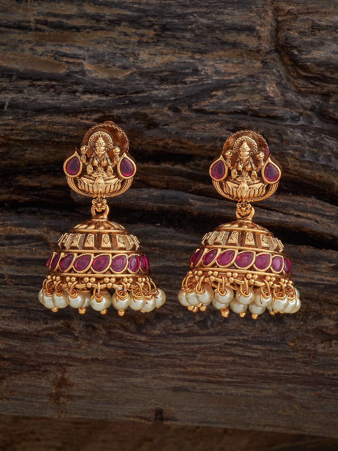 

Kushal's Fashion Jewellery Gold-Plated Stone Studded Dome Shaped Jhumkas