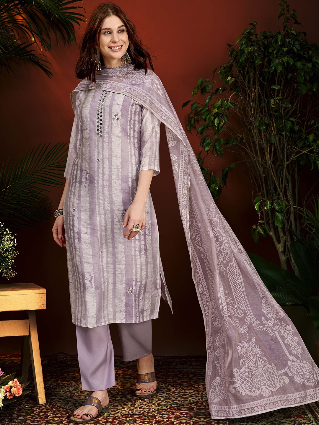 Anouk Green Striped Mirror Work Chanderi Silk Straight Kurta With Trouser & Dupatta, Purple