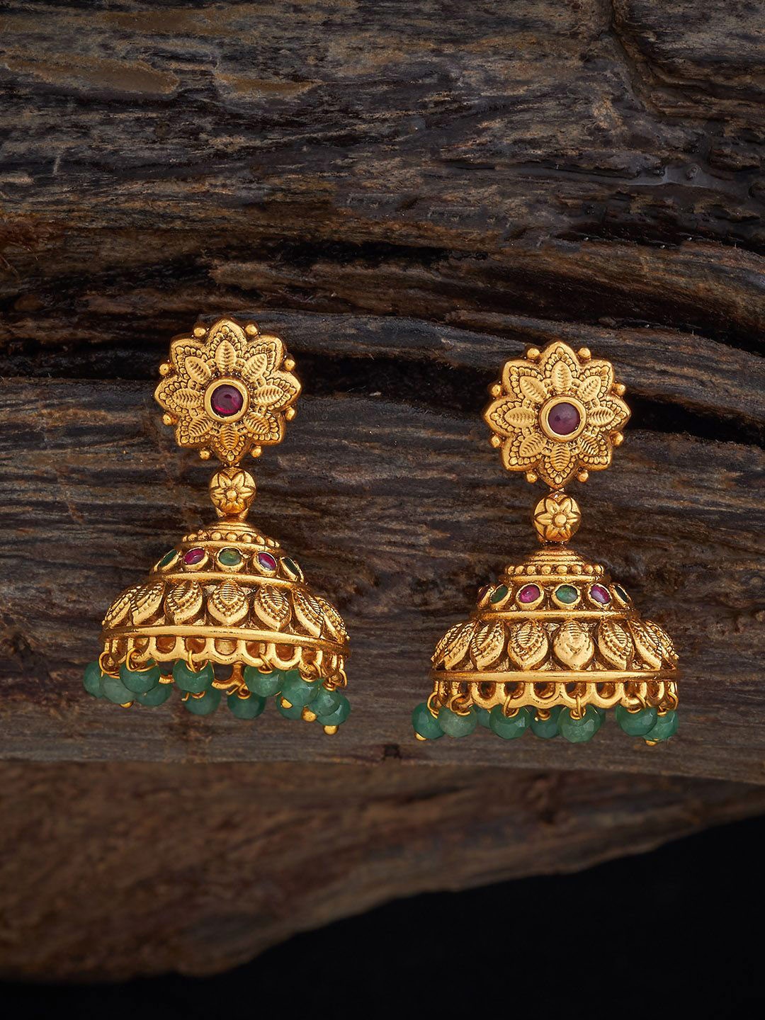 

Kushal's Fashion Jewellery Gold Plated Stone Studded Dome Shaped Jhumkas Earrings
