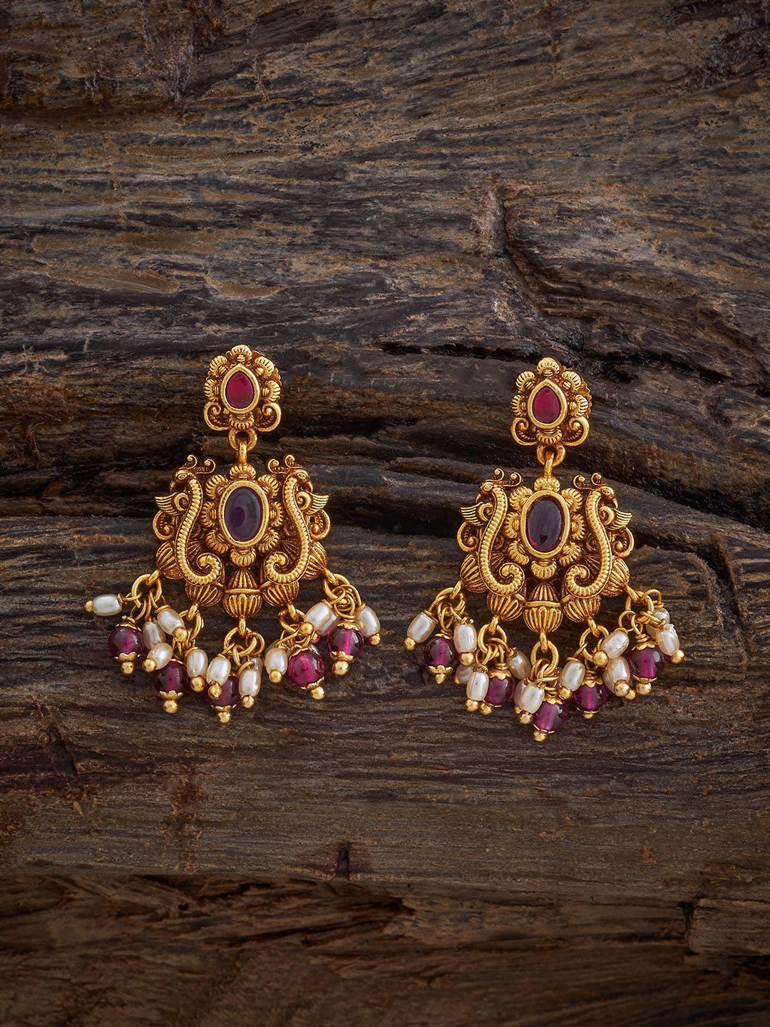 

Kushal's Fashion Jewellery Gold Plated Ruby Studded Contemporary Drop Earrings