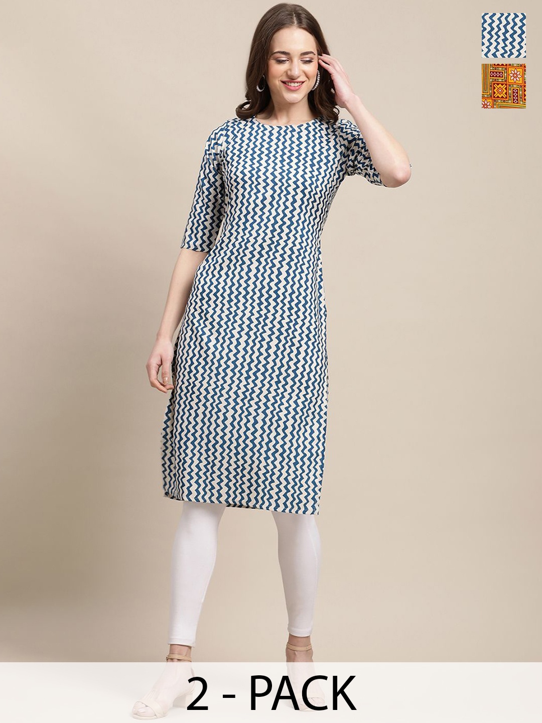 7Threads Selection Of 2 Chevron Printed Straight Kurta, Blue