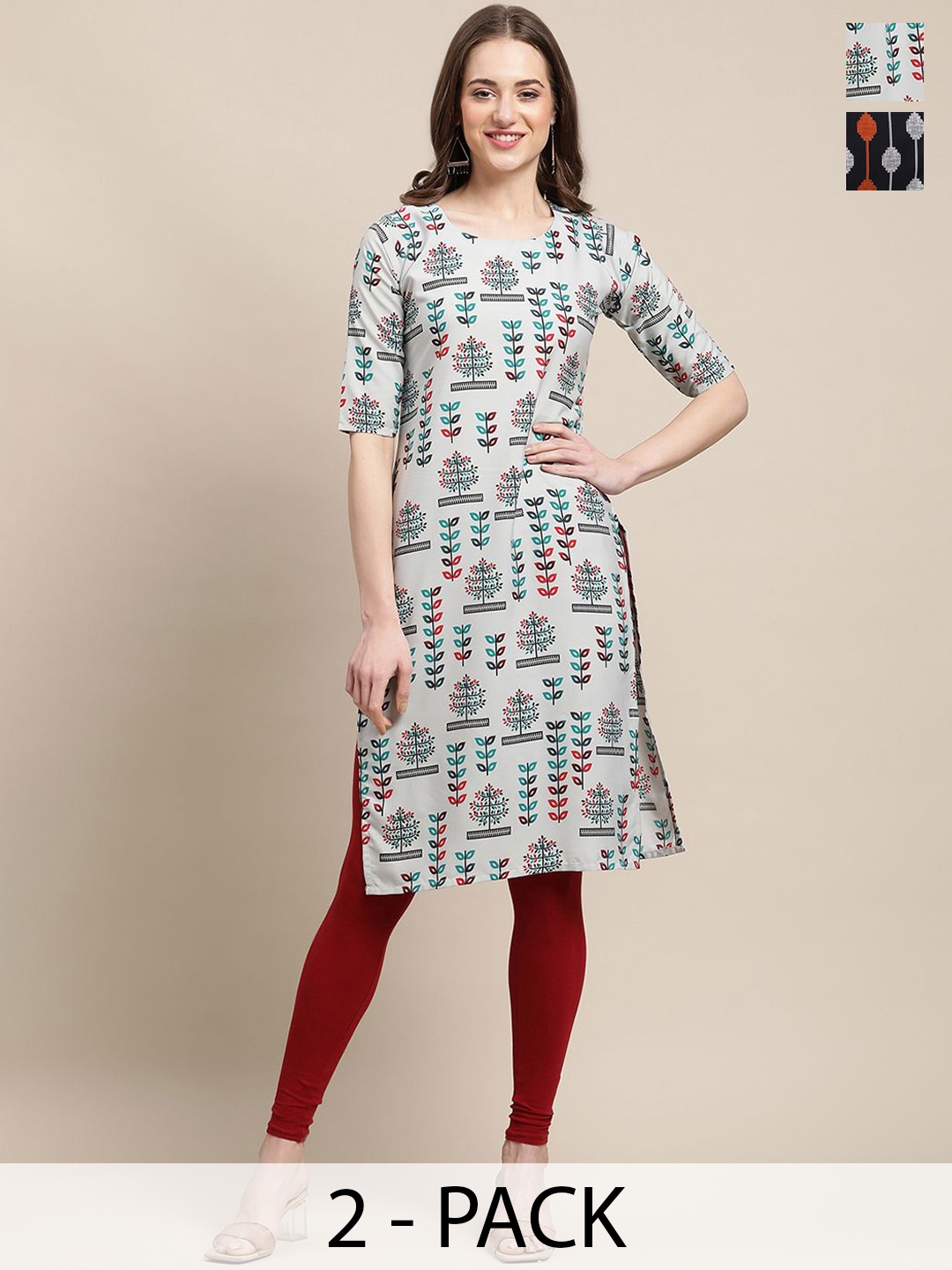 

7Threads Selection Of 2 Ethnic Motifs Printed Straight Kurtas, Grey
