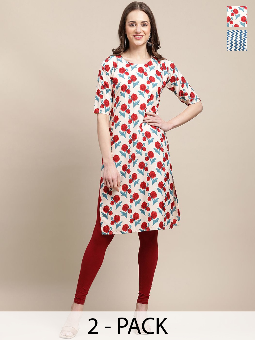 

7Threads Set Of 2 Floral Printed Round Neck Regular Sleeves Machine Weave Straight Kurta, White