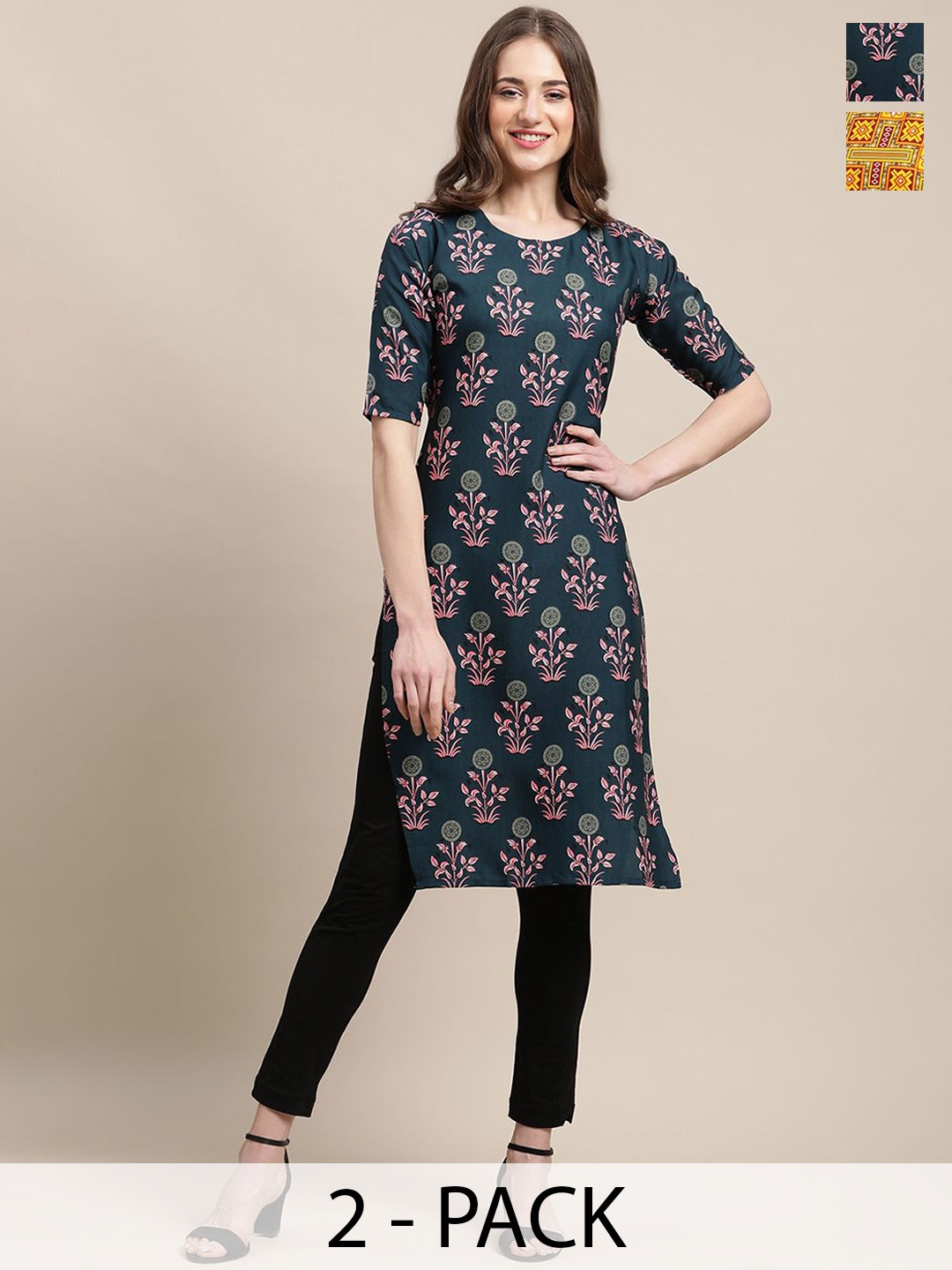 

7Threads Selection Of 3 Floral Printed Round Neck Kurtas, Navy blue