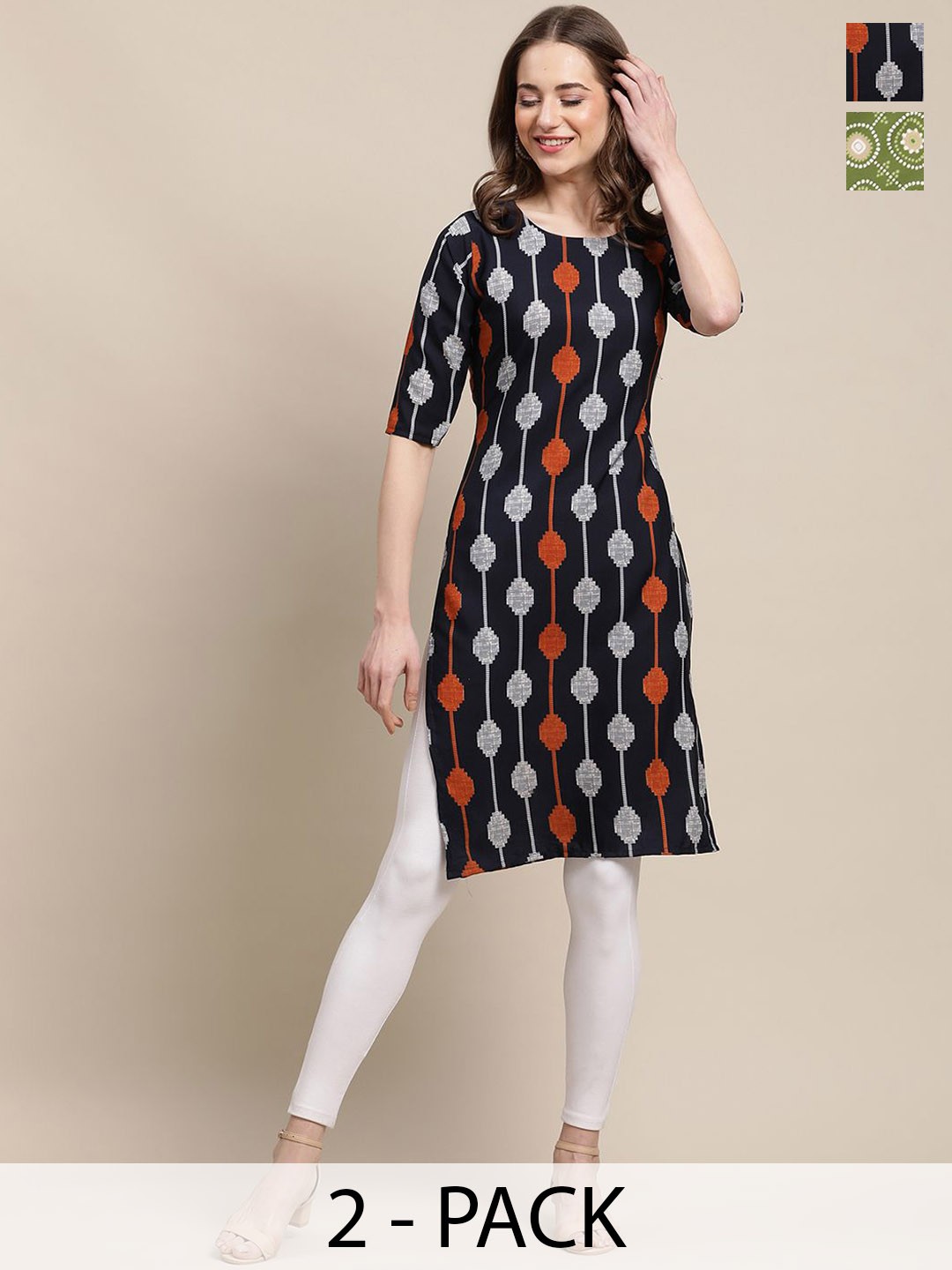 

7Threads Selection of 2 Geometric Printed Round Neck Straight Kurtas, Black