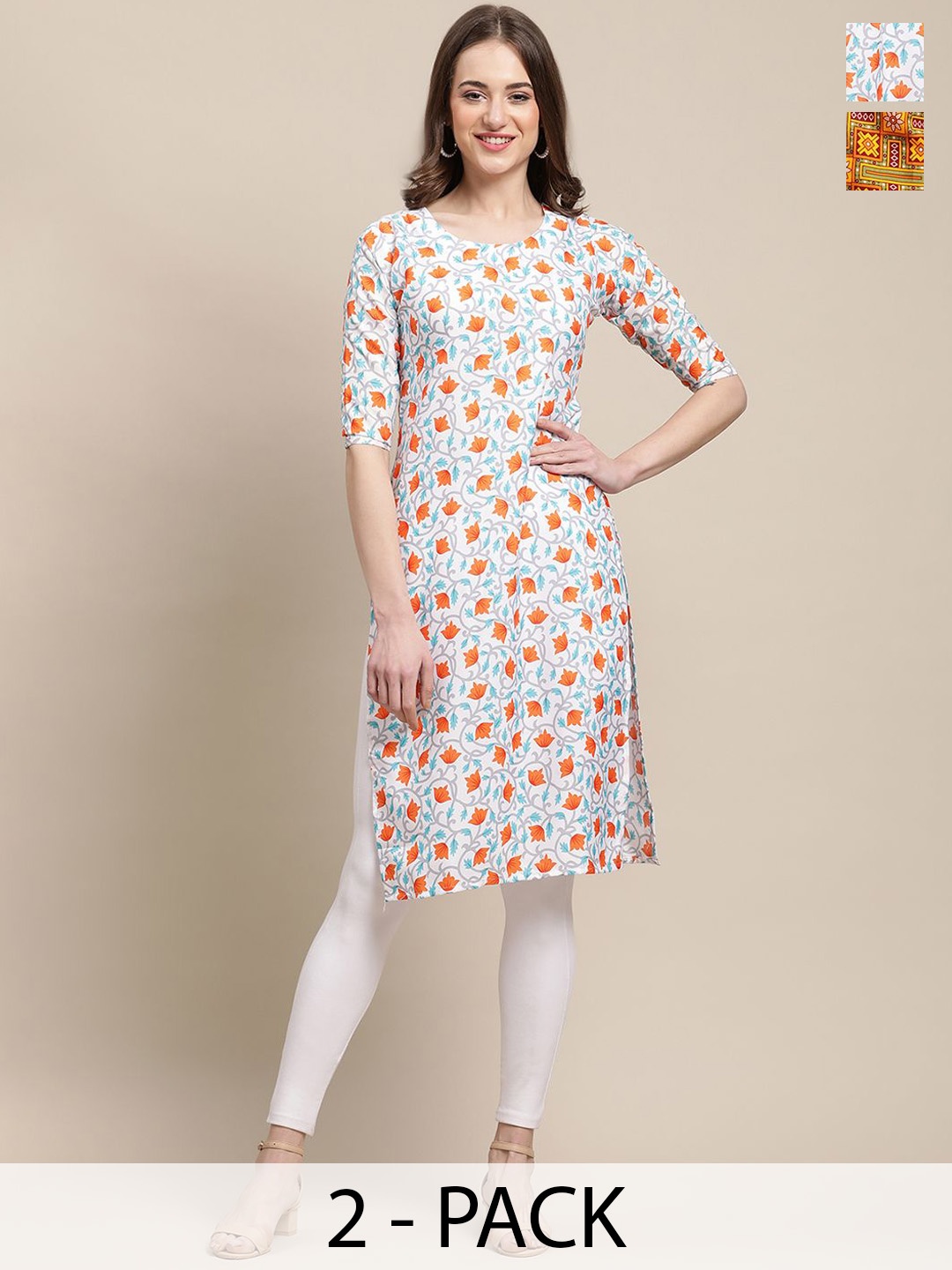 

7Threads Selection Of 2 Floral Printed Round Neck Crepe Straight Kurta, White
