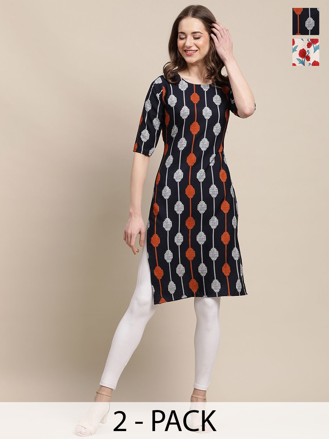 

7Threads Set Of 2 Geometric Printed Round Neck Machine Weave Straight Kurta, Black