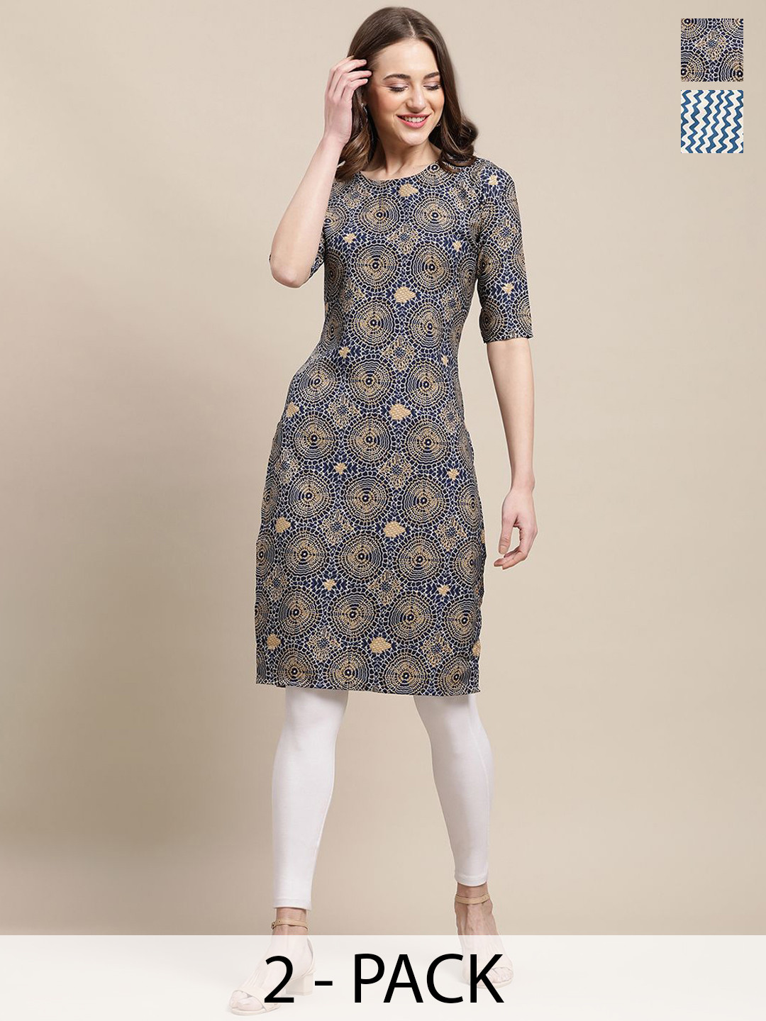 

7Threads Selection of 2 Chevron Printed Round Neck Crepe Straight Kurtas, Blue