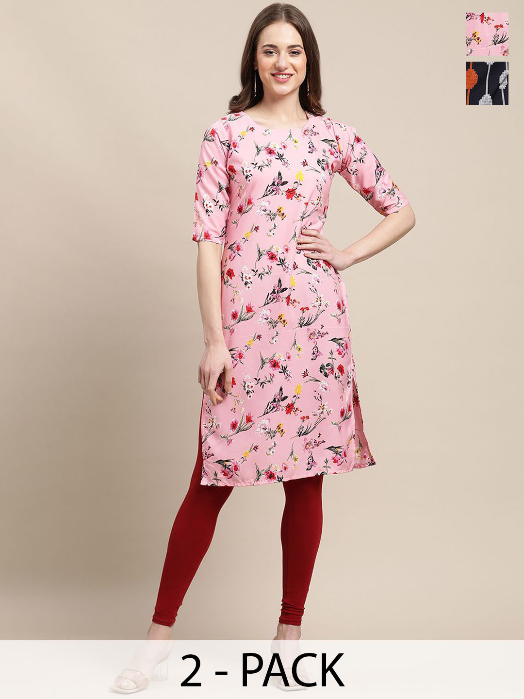 

7Threads Selection Of 2 Floral Printed Round Neck Kurta, Pink