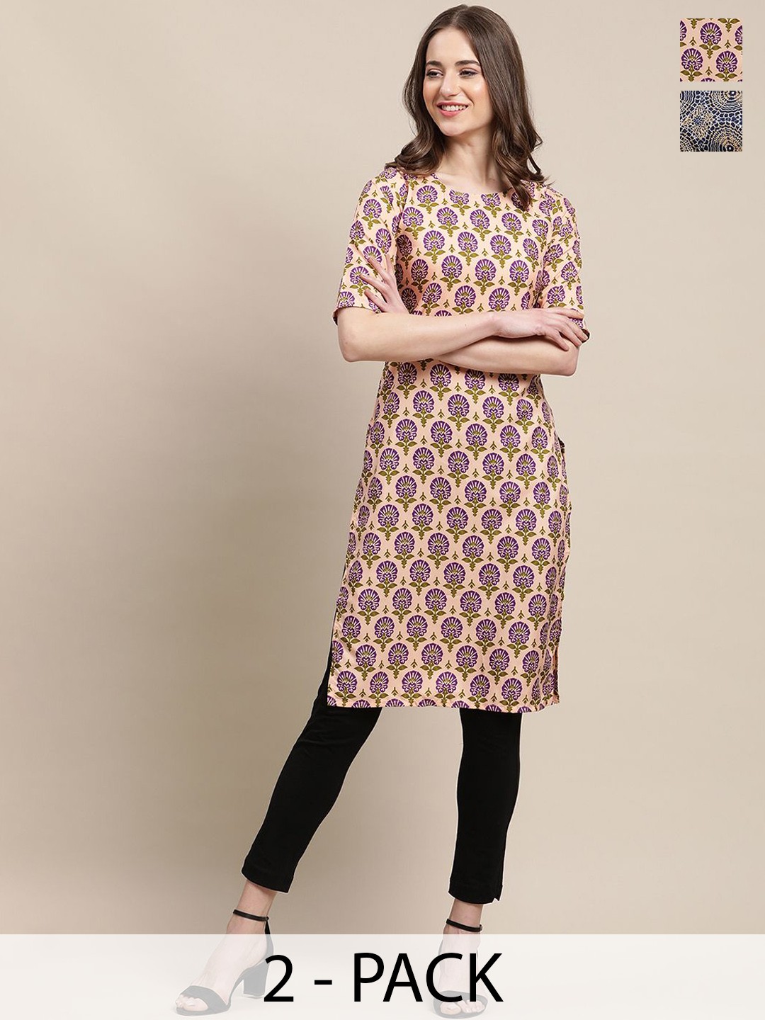 

7Threads Selection Of 2 Ethnic Printed Round Neck Kurtas, Beige