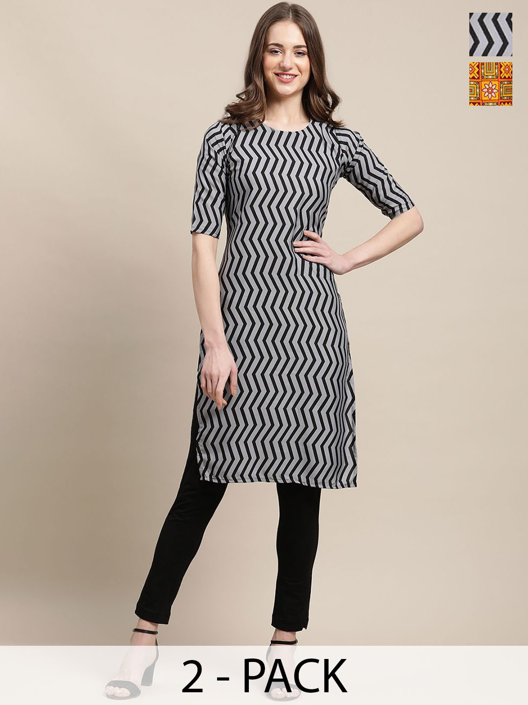 

7Threads Selection Of 2 Ethnic Motifs Printed Round Neck Crepe Straight Kurta, Yellow