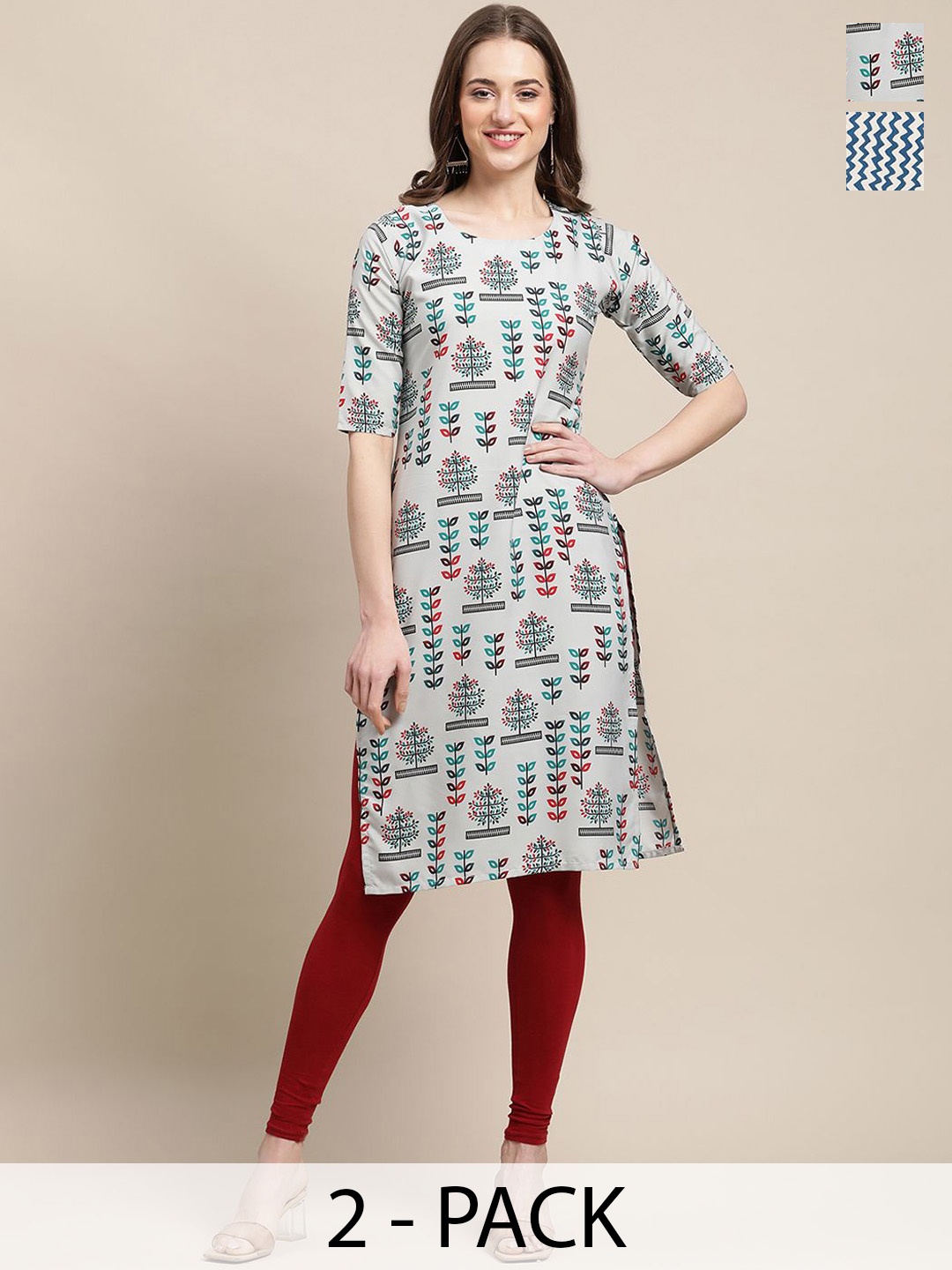 

7Threads Selection Of 2 Chevron Printed Round Neck Crepe Straight Kurta, White