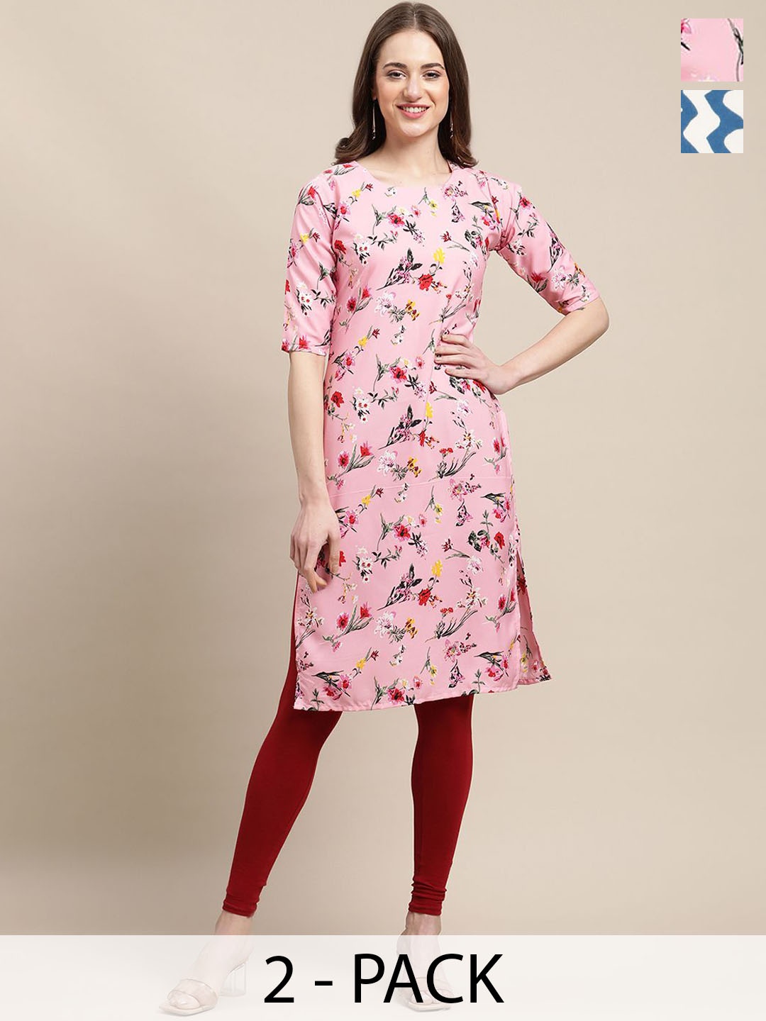 7Threads Selection Of 2 Floral Printed Straight Kurta, Pink