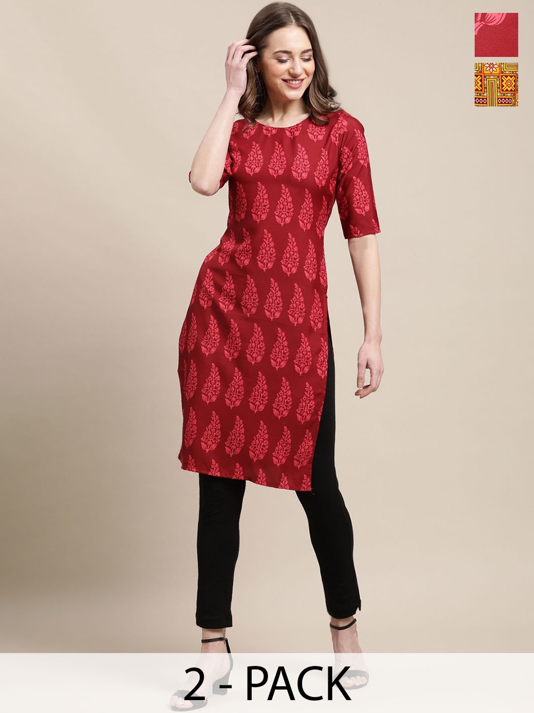 

7Threads Selections Of 2 Ethnic Motifs Printed Straight Kurtas, Maroon