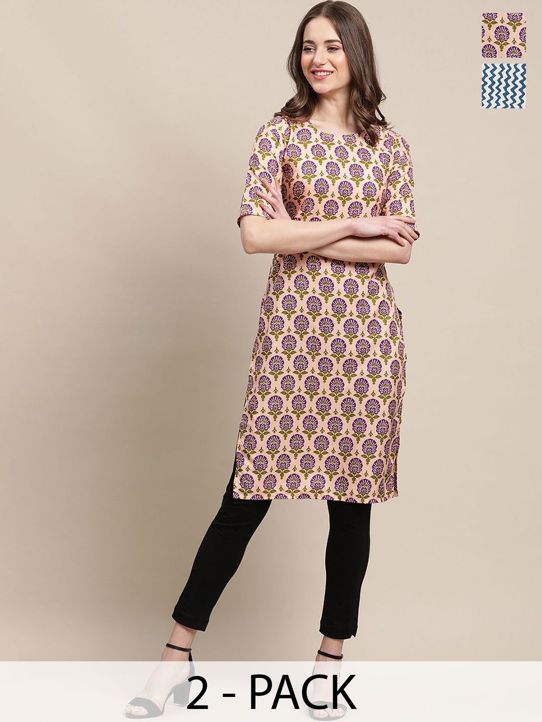

7Threads Pack Of 2 Ethnic Motifs Printed Round Neck Straight Crepe Kurta, Peach