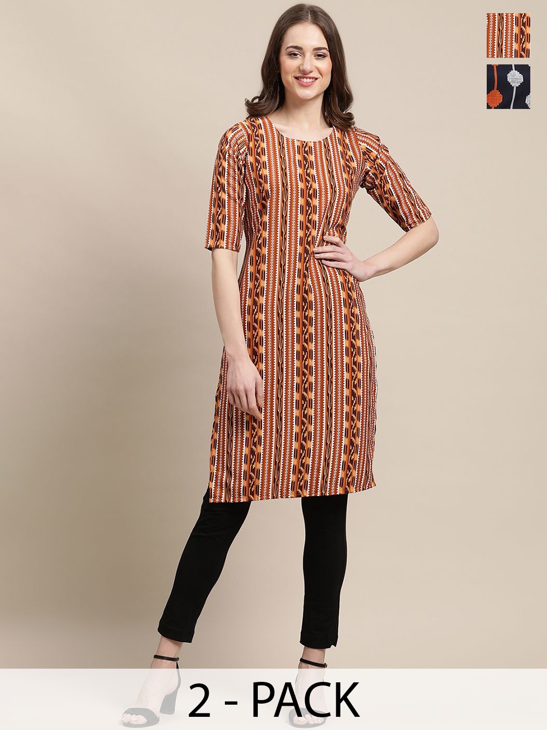 

7Threads Selection Of 2 Geometric Printed Round Neck Straight Kurtas, Brown