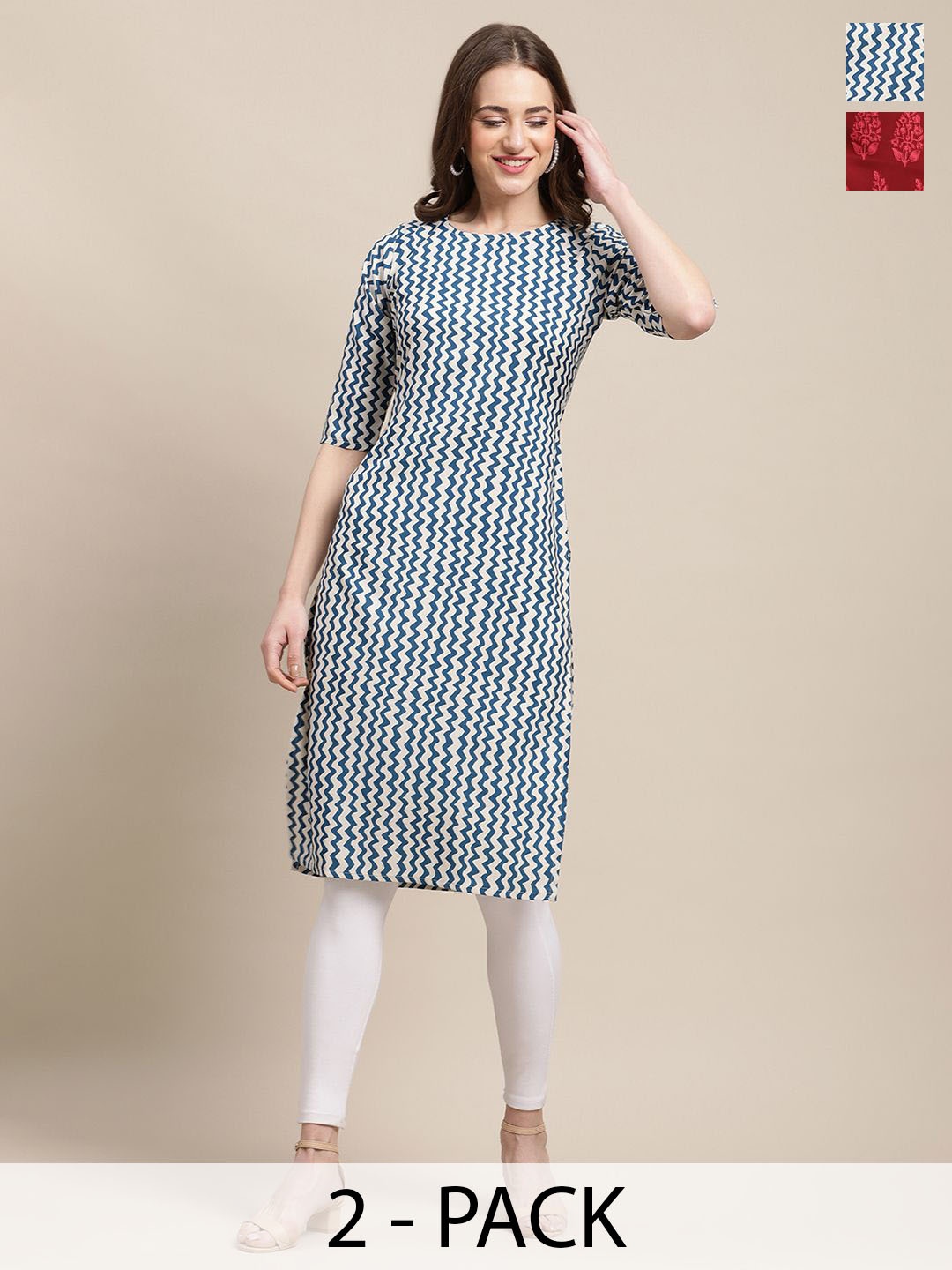 

7Threads Selection Of 2 Chevron Printed Round Neck Kurtas, Navy blue